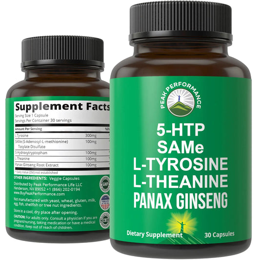 Peak Performance Mood Support Supplement with 5 Top Ingredients: 5HTP, SAM e, L Tyrosine, L Theanine, and Panax Ginseng. Calm, Focus, Relaxation Supplements. Vegan Peak PerformanceAU supplements