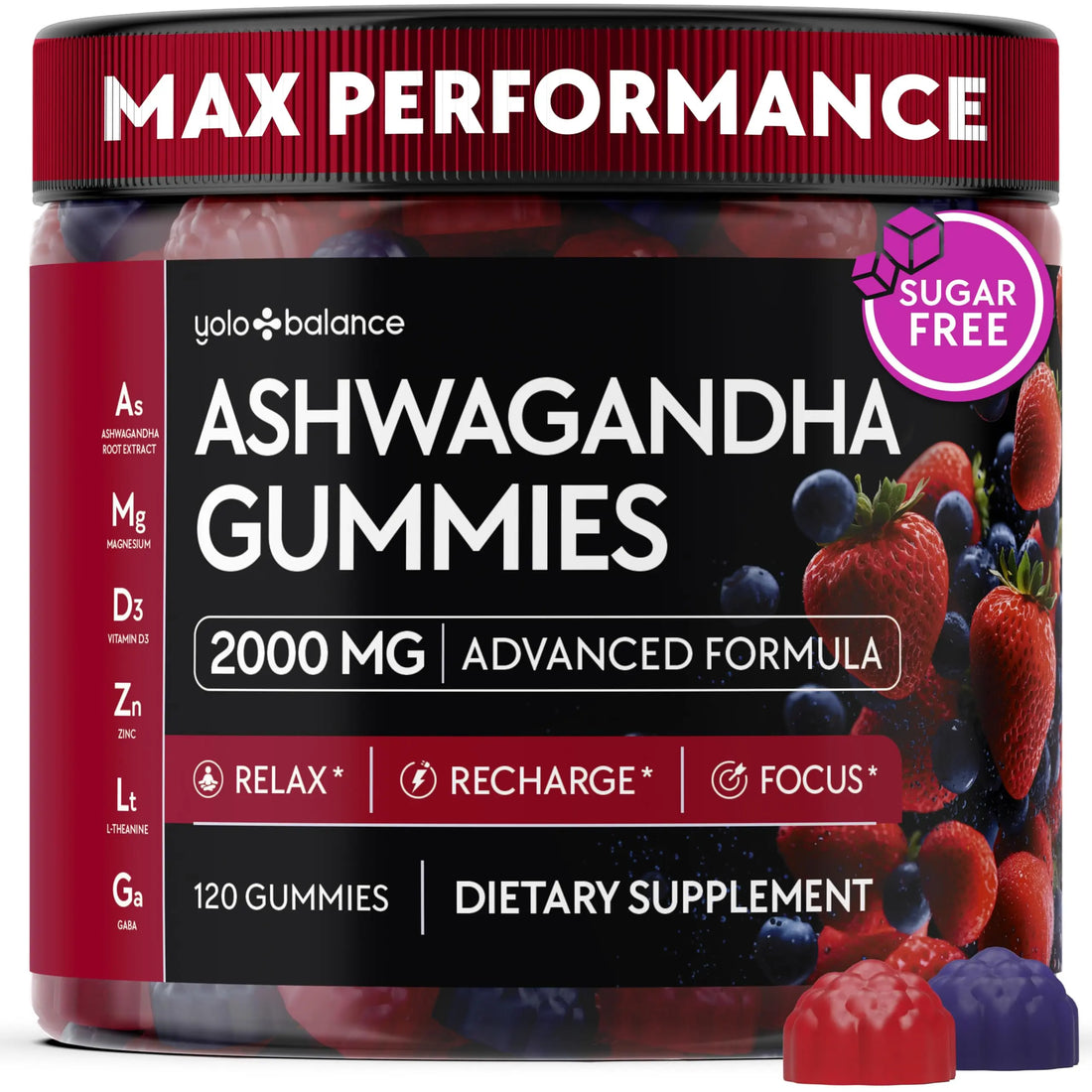 Ashwagandha Gummies – 120 Count - 2000 MG Ashwagandha Supplements with L-Theanine, GABA, Magnesium, Zinc & Vitamin D3 – Sugar-Free, Vegan, YOLOBALANCE uk supplements