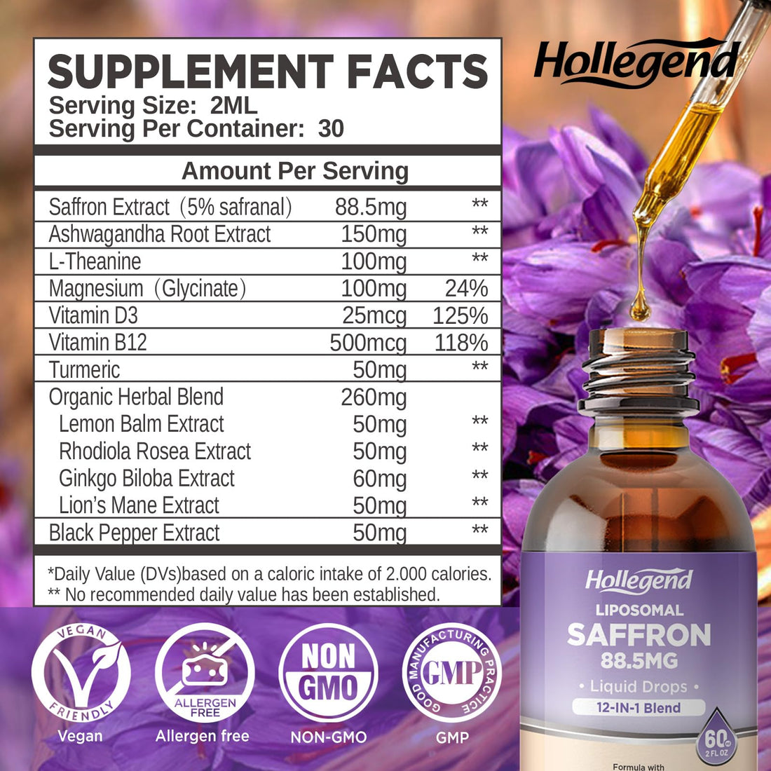 HOLLEGEND Liposomal Saffron Drops for Kids & Adults, Organic Saffron Supplement w/Magnesium, L-Theanine and Vitamins for Stress, Focus, Vision and Energy Support, Vegan, Natural Lemon Flavor, 2 FL OZ HOLLEGEND uk supplements