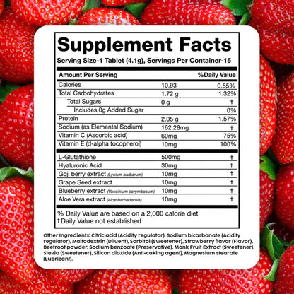 PLIX Glowy Skin 500mg Glutathione Supplement with Hyaluronic Acid, Vitamin C, E & Berries | 30 Effervescent Tablets, Strawberry Flavor PLIX - THE PLANT FIXAu supplements