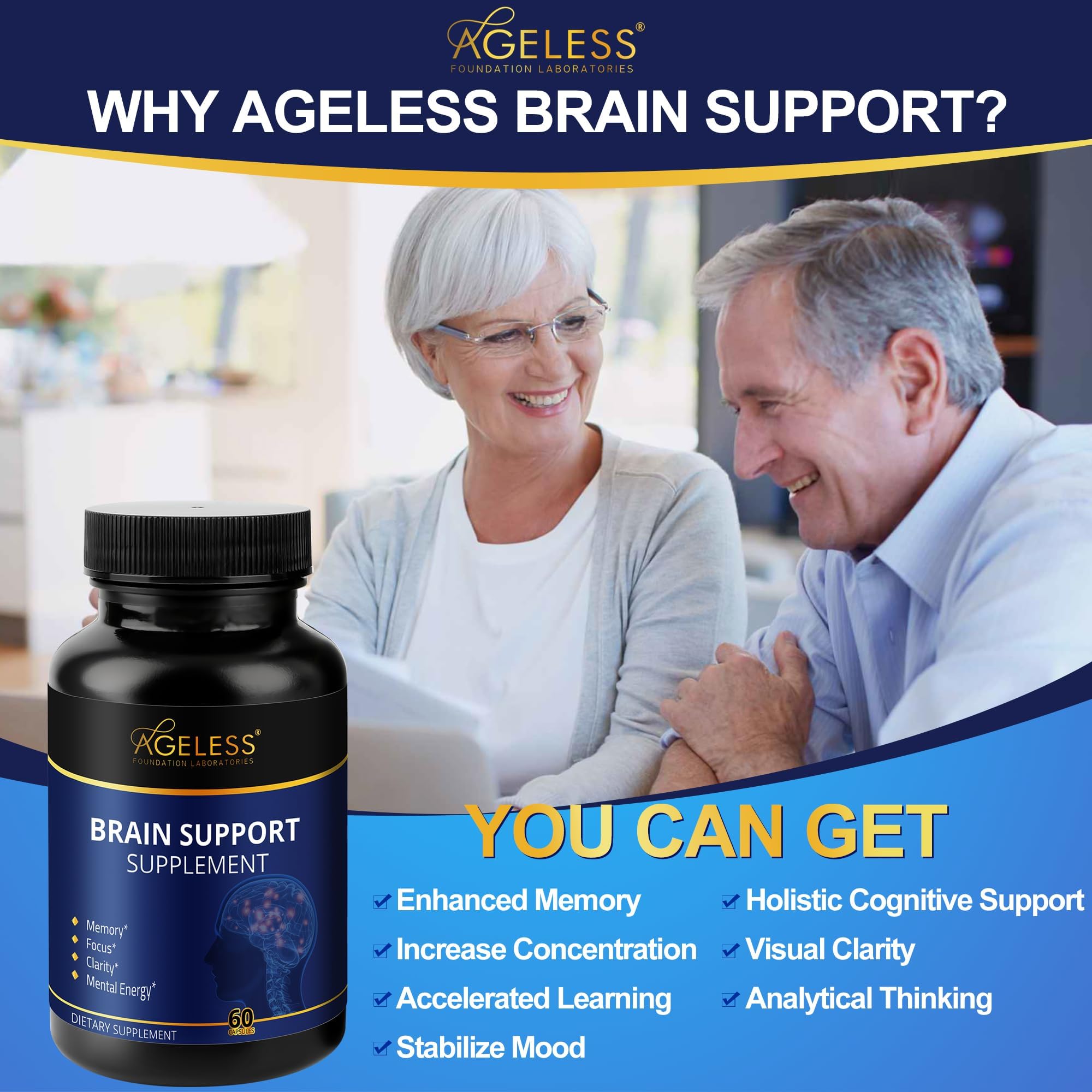 Ageless Brain Supplements for Memory and Focus 1000 MG | Cognitive Improvement | Formulated with Clinically Studied Ingredients | Support Mental Clarity & Neuro Health | Vitamin B6, B12, 60 Capsules Ageless Foundation Laboratories Au supplements