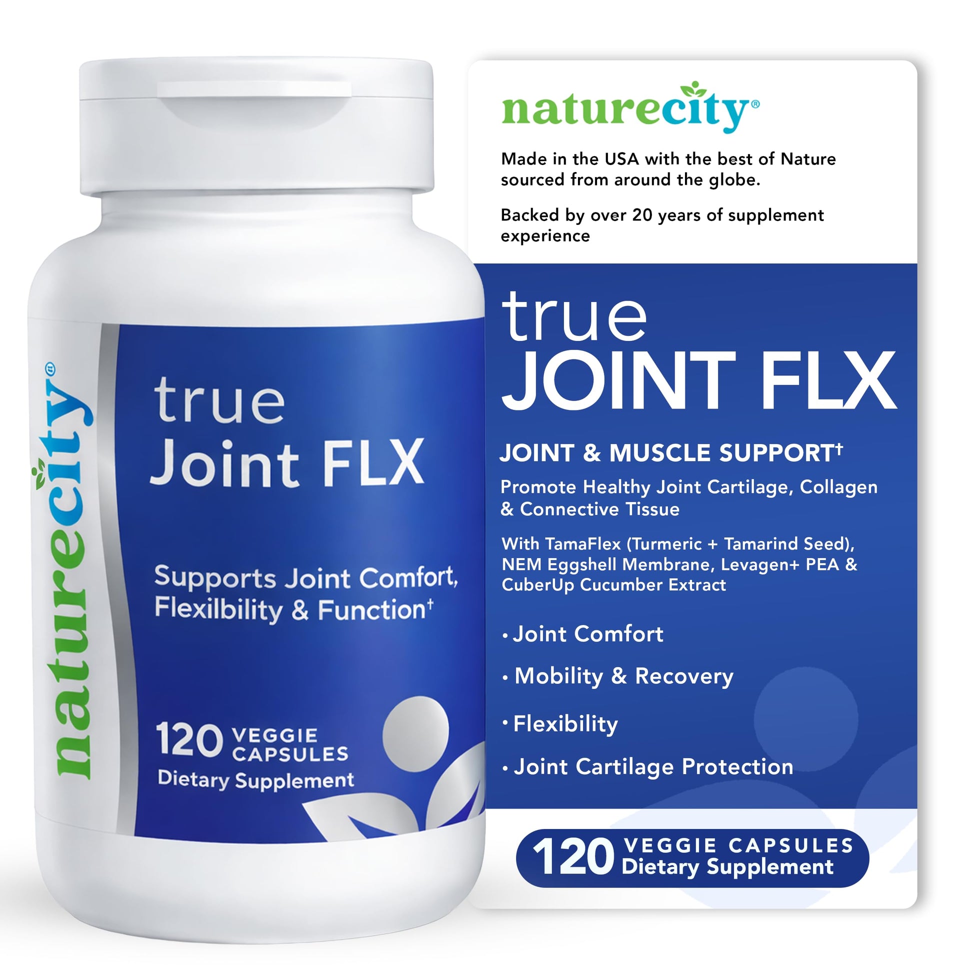 NatureCity True-Joint FLX Joint Supplement Formula (120 Capsules) | TamaFlex, NEM Eggshell Membrane, Levagen+ PEA & CuberUp | Supports Joint Comfort, Flexibility, Mobility, Function & Cartilage Health NatureCity Au supplements