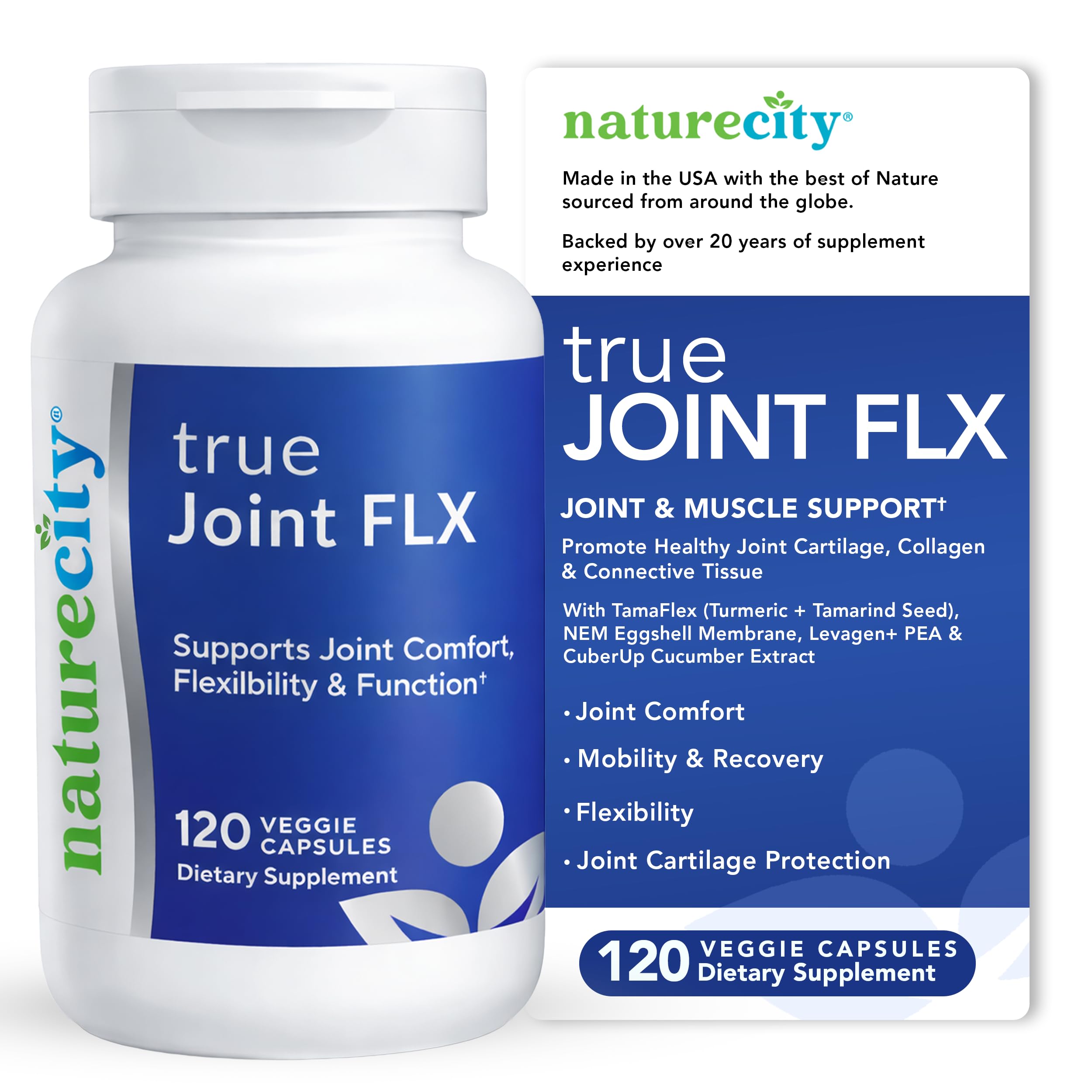 NatureCity True-Joint FLX Joint Supplement Formula (120 Capsules) | TamaFlex, NEM Eggshell Membrane, Levagen+ PEA & CuberUp | Supports Joint Comfort, Flexibility, Mobility, Function & Cartilage Health NatureCity Au supplements