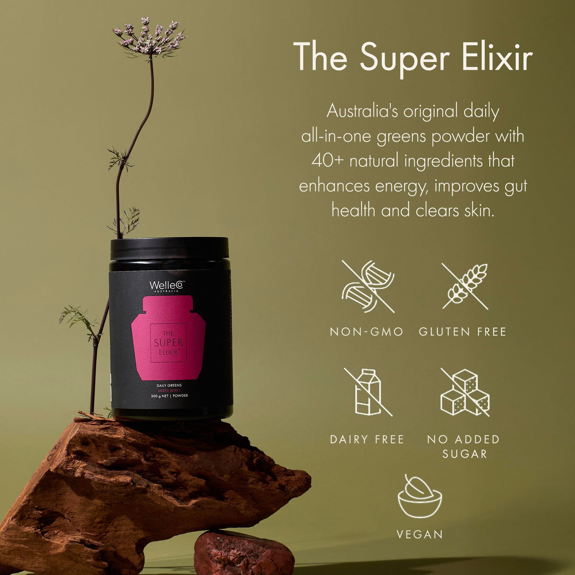WelleCo The Super Elixir Daily Greens Powder, Probiotic Drink Mix with Whole Foods, Gluten Free, Vegan Gut Health Powder, Energy, Immunity, Healthy Skin, Hair & Nails (300g, Mixed Berry) WelleCo Au supplements