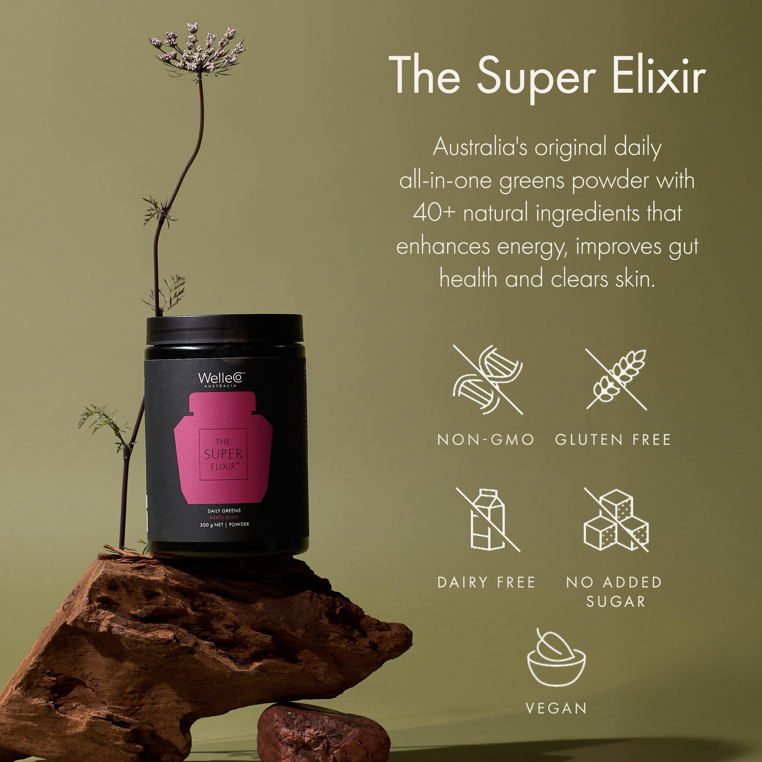 WelleCo The Super Elixir Daily Greens Powder, Probiotic Drink Mix with Whole Foods, Gluten Free, Vegan Gut Health Powder, Energy, Immunity, Healthy Skin, Hair & Nails (300g, Mixed Berry) WelleCo Au supplements