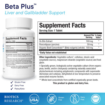 Biotics Research Beta-Plus™ Nutritional Ox Bile Salts Digestive Enzymes Supplement for Bile Production for No Gallbladder-Supports Overall Liver Function, BIOTICS RESEARCHUS supplements
