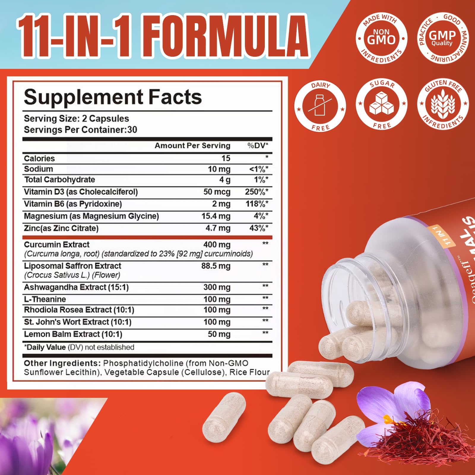 Oeaqeff Liposomal Saffron Supplements -11 in 1 100% Pure Saffron Extract 88.5 mg Maximum Absorption for Mood, Energy & Vision,Vegan, Non-GMO - 60 Vegan Capsules (1) Oeaqeff Au supplements