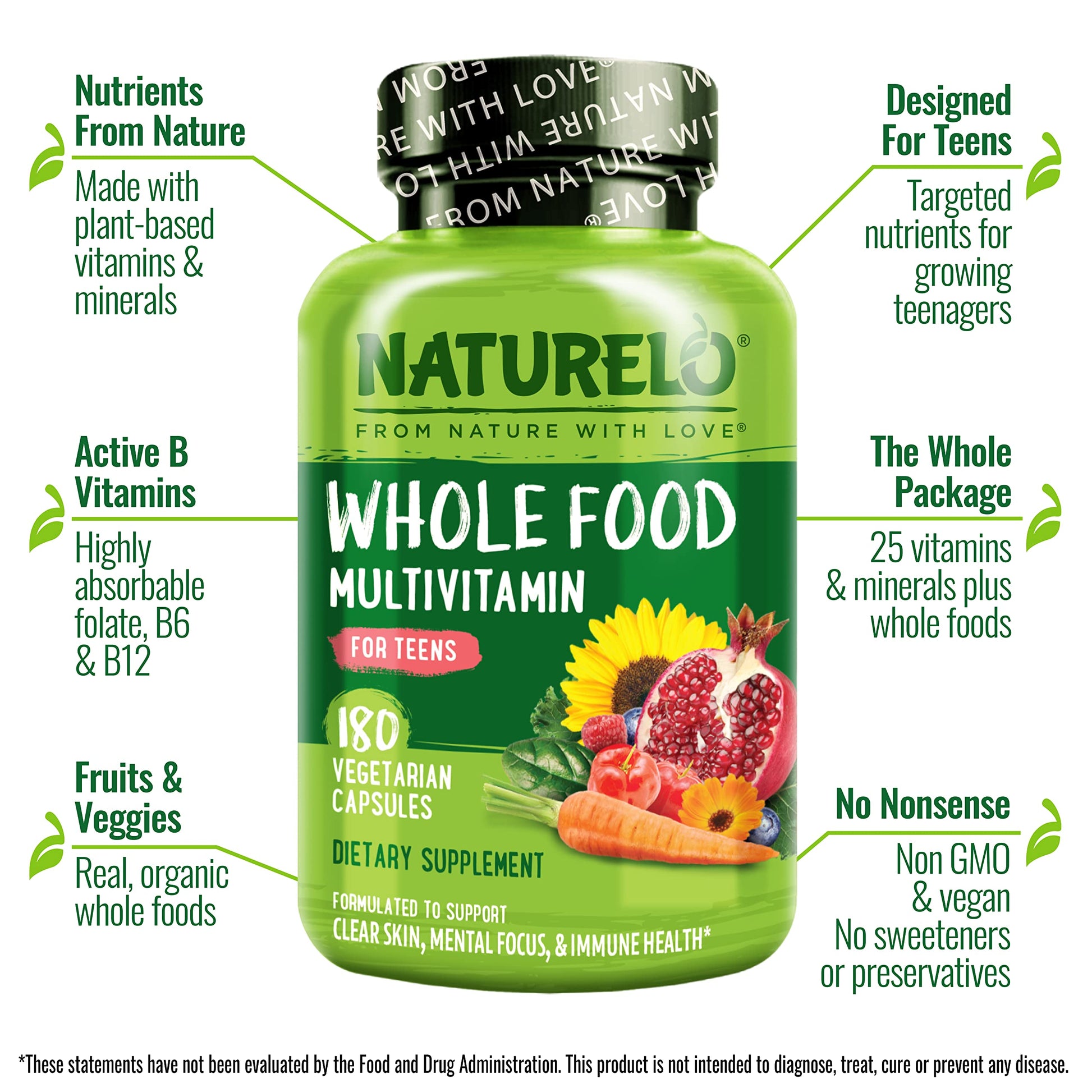 NATURELO Multivitamins for Teenage Girls/Boys, 180 Capsules, Whole Food Multivitamin with Minerals, Non-GMO, Vegetarian NATURELO Au supplements