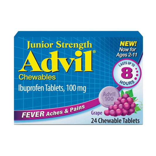 Advil Junior Strength Chewable Ibuprofen Pain Reliever and Fever Reducer, Children's Ibuprofen for Pain Relief, Grape - 24 Tablets AdvilAu supplements