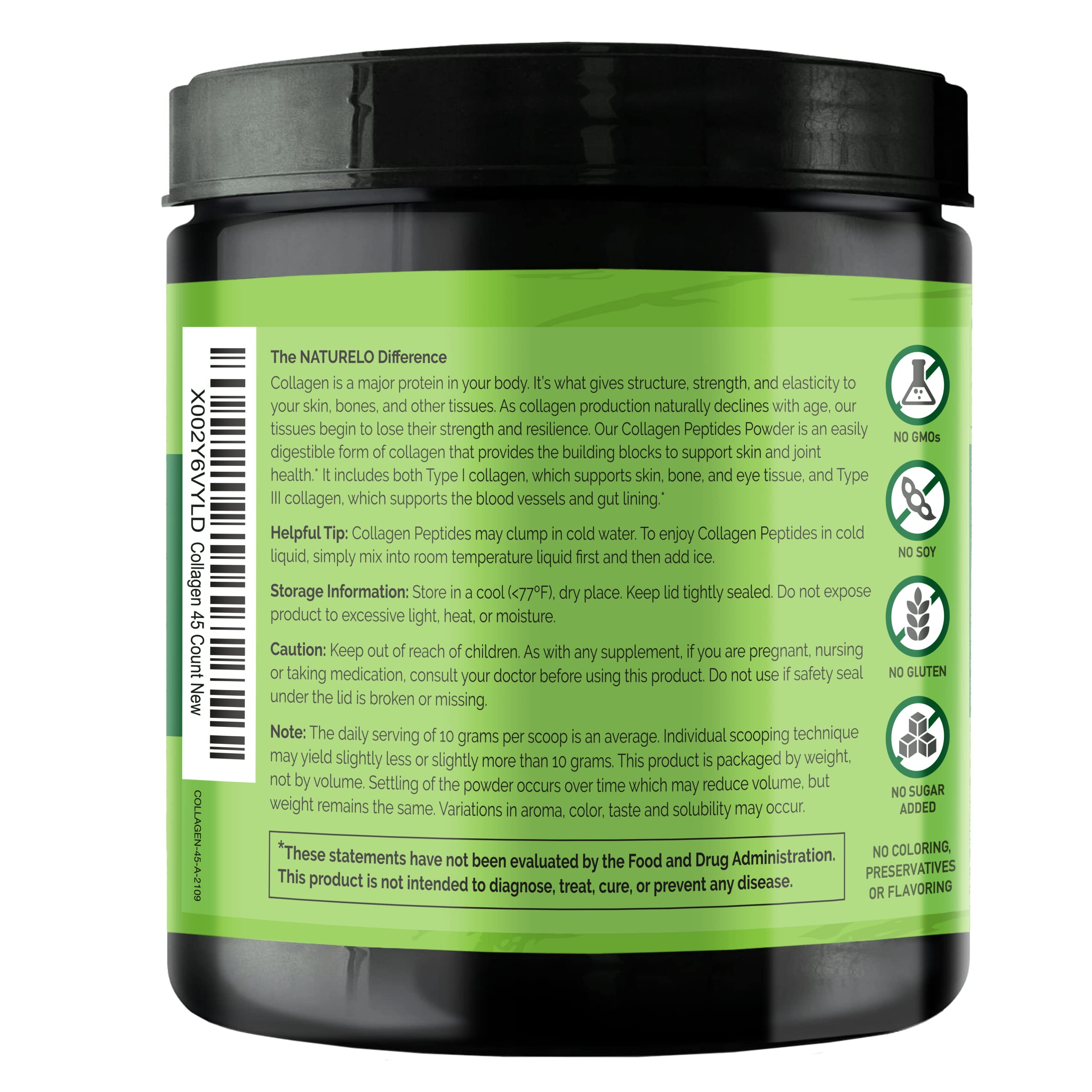 NATURELO Collagen Peptide Powder, Hydrolyzed Collagen Type I & III, Skin Hair & Joint Health - Unflavored, 16 Ounces | 45 Servings