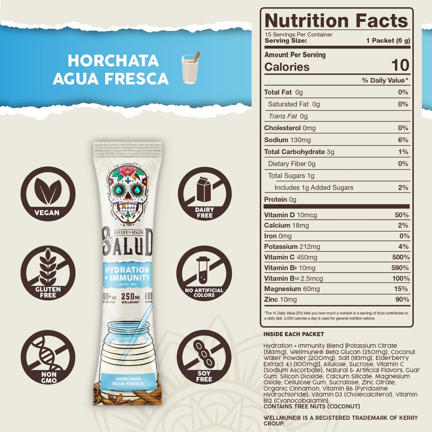 Salud 2-in-1 Hydration Packets + Immunity Electrolytes Powder, Horchata - Agua Fresca Drink Mix, Elderberry, Dairy & Soy Free, Non-GMO, Gluten Free, Vegan Taste SaludUS supplements
