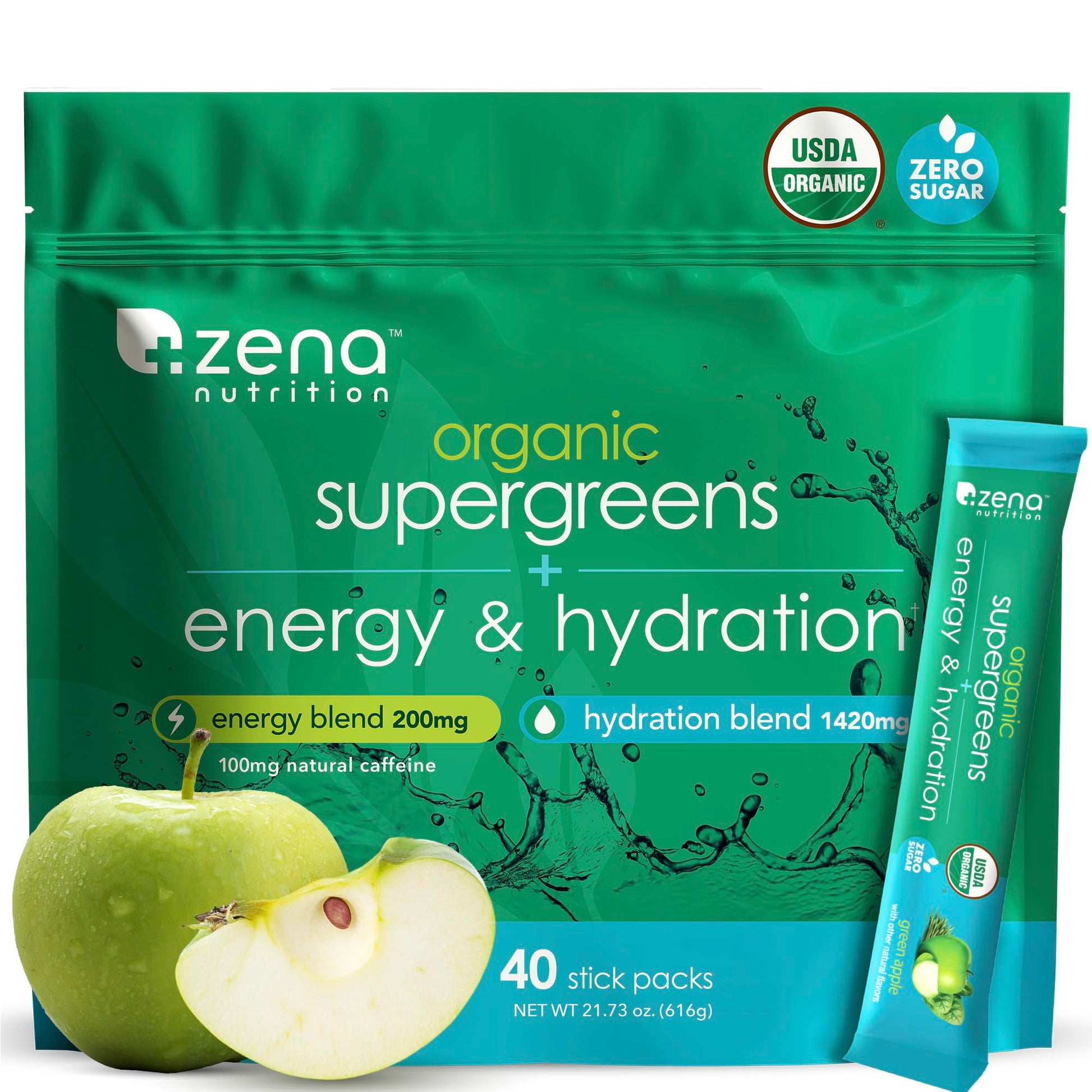 Zena Nutrition Organic Super Greens Energy & Hydration Powder, 70+ Superfoods, 0 Sugar, 5G Fiber, Spirulina, Chlorella, Prebiotics/Probiotics, Natural Caffeine + Electrolytes, 40 Drink Mix Packets Zena Nutrition Au supplements