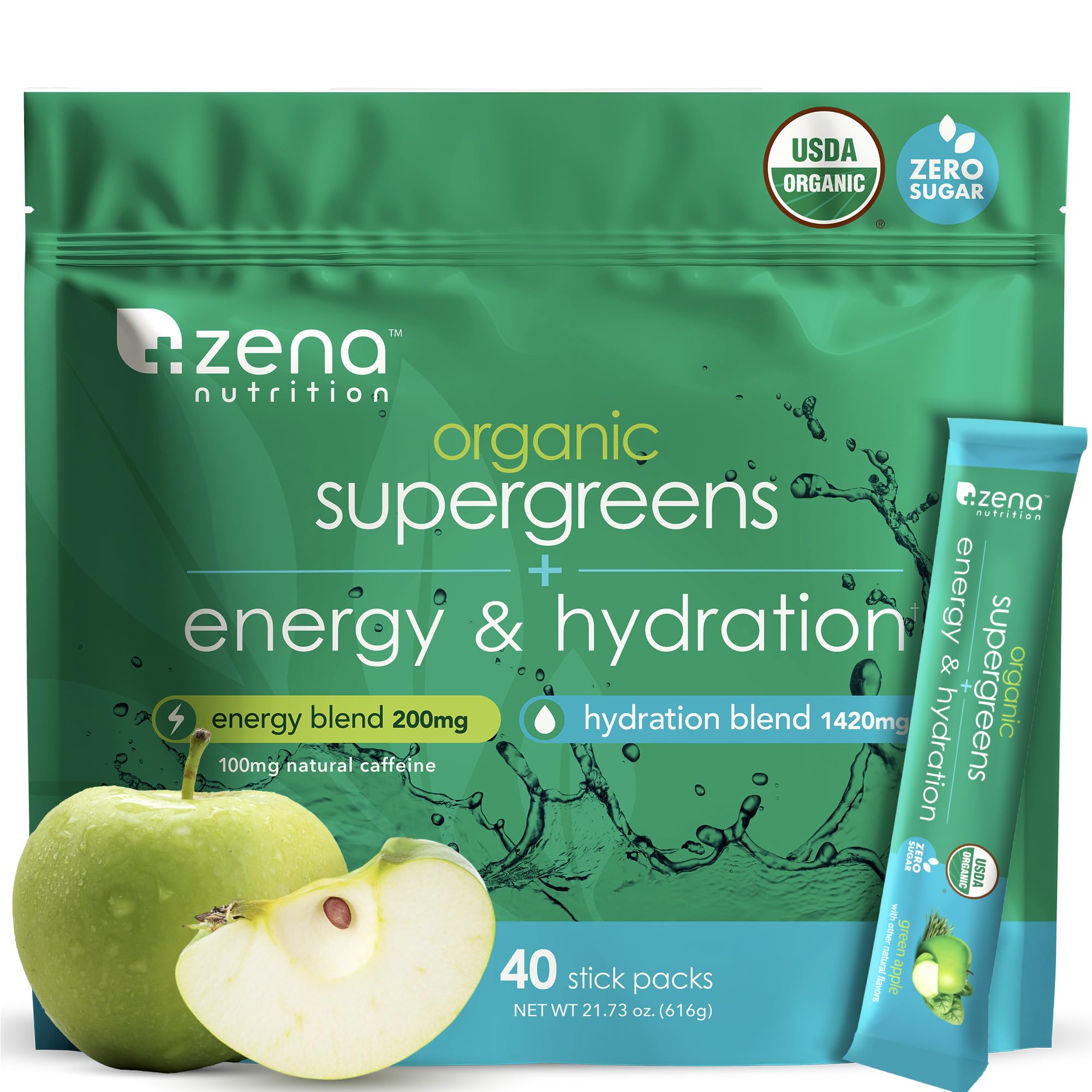 Zena Nutrition Organic Super Greens Energy & Hydration Powder, 70+ Superfoods, 0 Sugar, 5G Fiber, Spirulina, Chlorella, Prebiotics/Probiotics, Natural Caffeine + Electrolytes, 40 Drink Mix Packets Zena Nutrition Au supplements