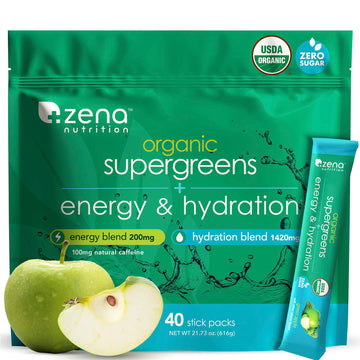 Zena Nutrition Organic Super Greens Energy & Hydration Powder, 70+ Superfoods, 0 Sugar, 5G Fiber, Spirulina, Chlorella, Prebiotics/Probiotics, Natural Caffeine + Electrolytes, 40 Drink Mix Packets Zena Nutrition Au supplements