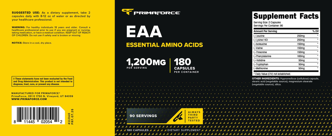 Primaforce EAA Capsules 1200mg, 180 Capsules, 90 Servings - Essential Amino Acids - Non-GMO, Gluten Free & Vegitarian Friendly Primaforce Au supplements