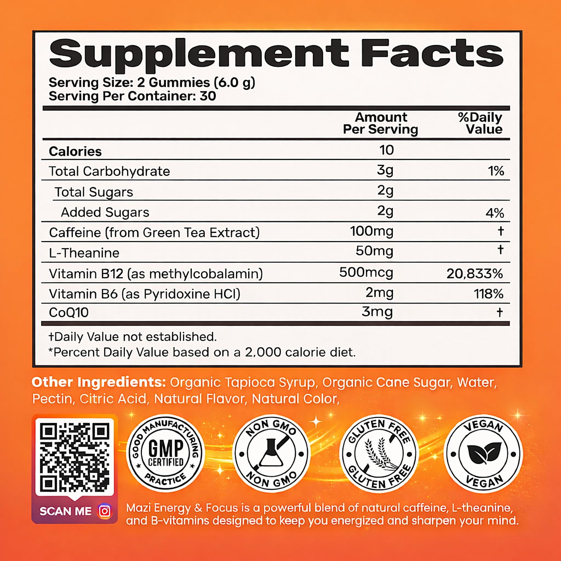 Energy & Focus Gummies | 100mg Natural Caffeine + L-Theanine + Vitamin B6 & B12 + CoQ10 | Nootropic Cognitive Brain Performance Supplement | No Crash or Jitters MAZI Au supplements
