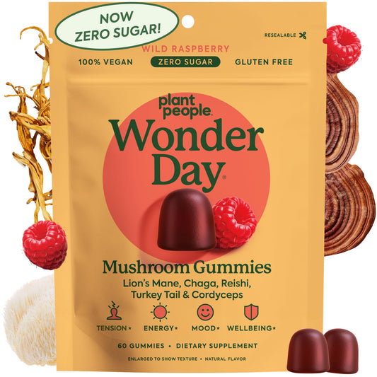 Plant People WonderDay Mushroom Gummies - Lion’s Mane, Cordyceps, Chaga Mushroom Supplement to Support Immune System De-Stress Boost Mood & Energy in Adults Natural Plant PeopleUS supplements