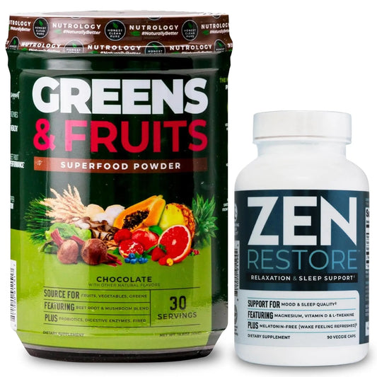 Nutrology Greens & Fruits Powder-Naturally Sourced Superfood, Chocolate (30 Servings) Zen Natural Magnesium Supplement (30 Servings) NutrologyAu supplements
