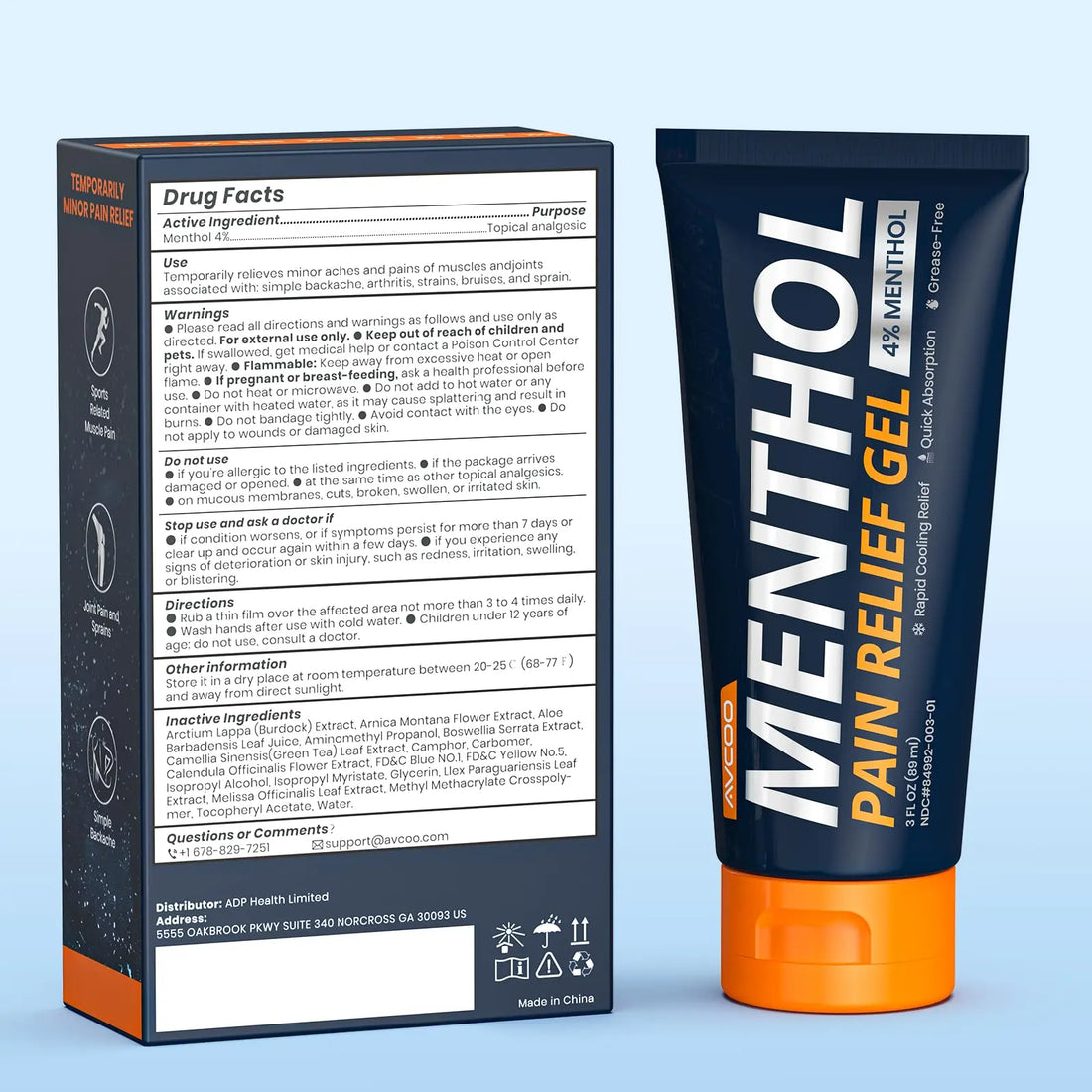AVCOO 4% Menthol Pain Relief Gel, Cooling Sensation for Arthritis, Knees, Joint, Sore Muscle, Neck, Shoulder and Lower Back Pain Relief, Grease-Free Gel, 2 Packs (3 OZ Per Pack) AVCOO uk supplements