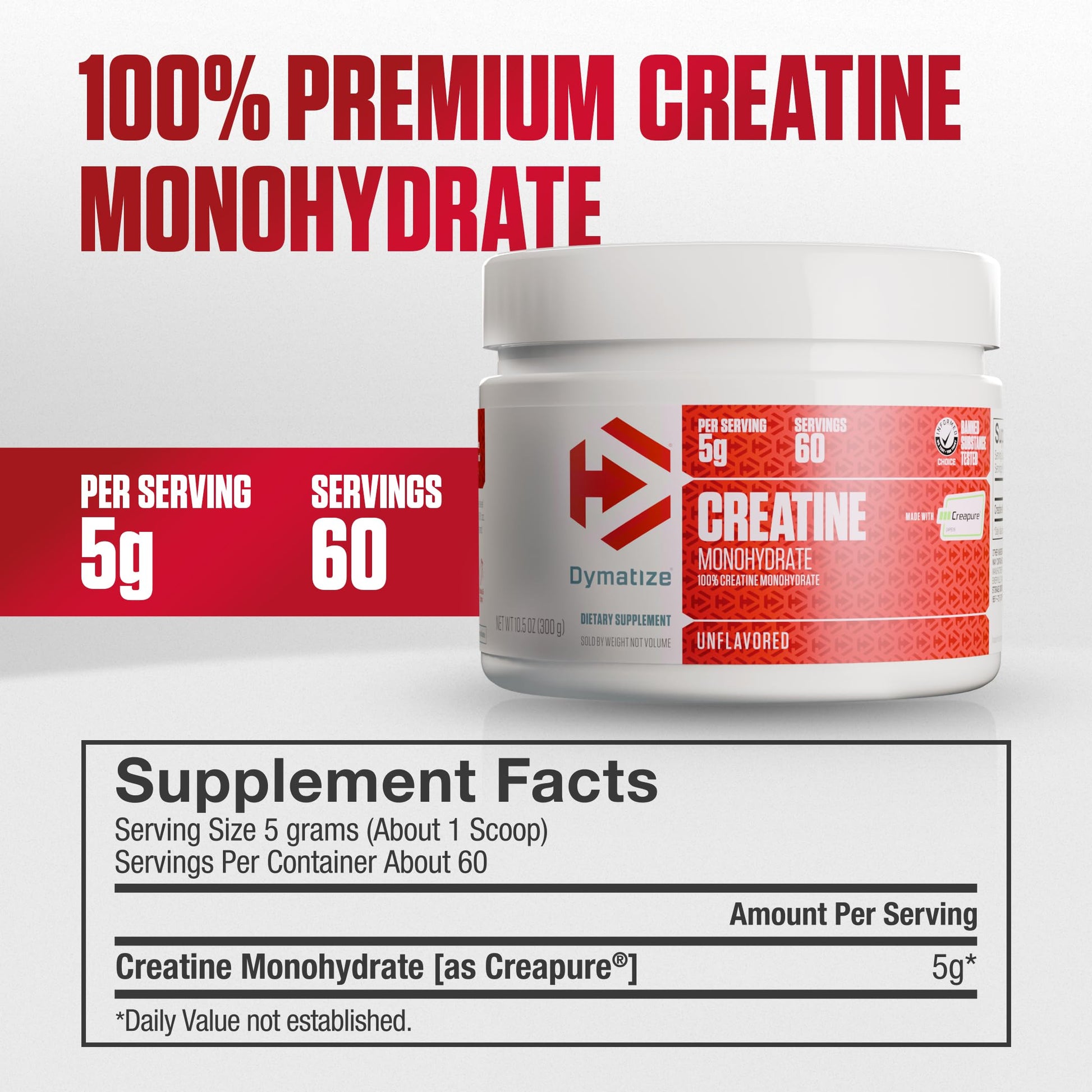 Dymatize 100% Creatine Monohydrate with Creapure, 5g Per Serving, 60 Servings (300g), Creatine for Women and Men, Gluten Free Dymatize Au supplements