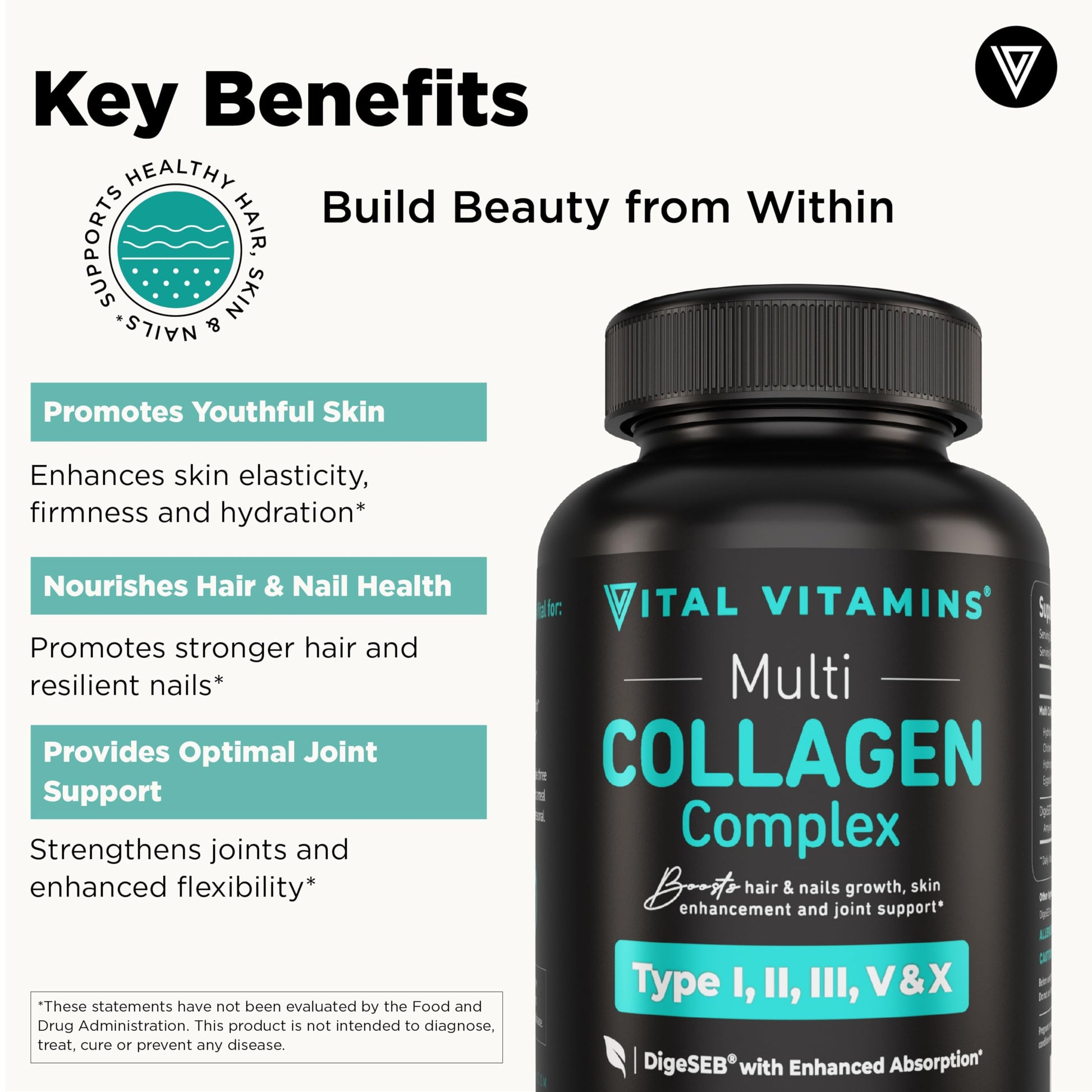 Vital Vitamins Multi Collagen Capsules - Type I, II, III, V, X - Grass-Fed, Collagen Peptides Supplements, Non-GMO - for Men & Women - 150 Count Vital Vitamins Au supplements