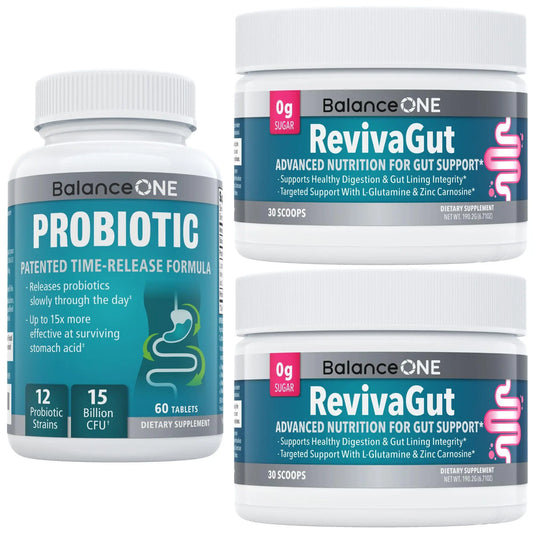 Balance ONE 2-Month Complete Digestive Support Bundle – Intestinal Barrier & Microbiome Kit – Includes 2X RevivaGut Powder & 1x Daily Probiotic (3 Pieces) Balance ONEAU supplements