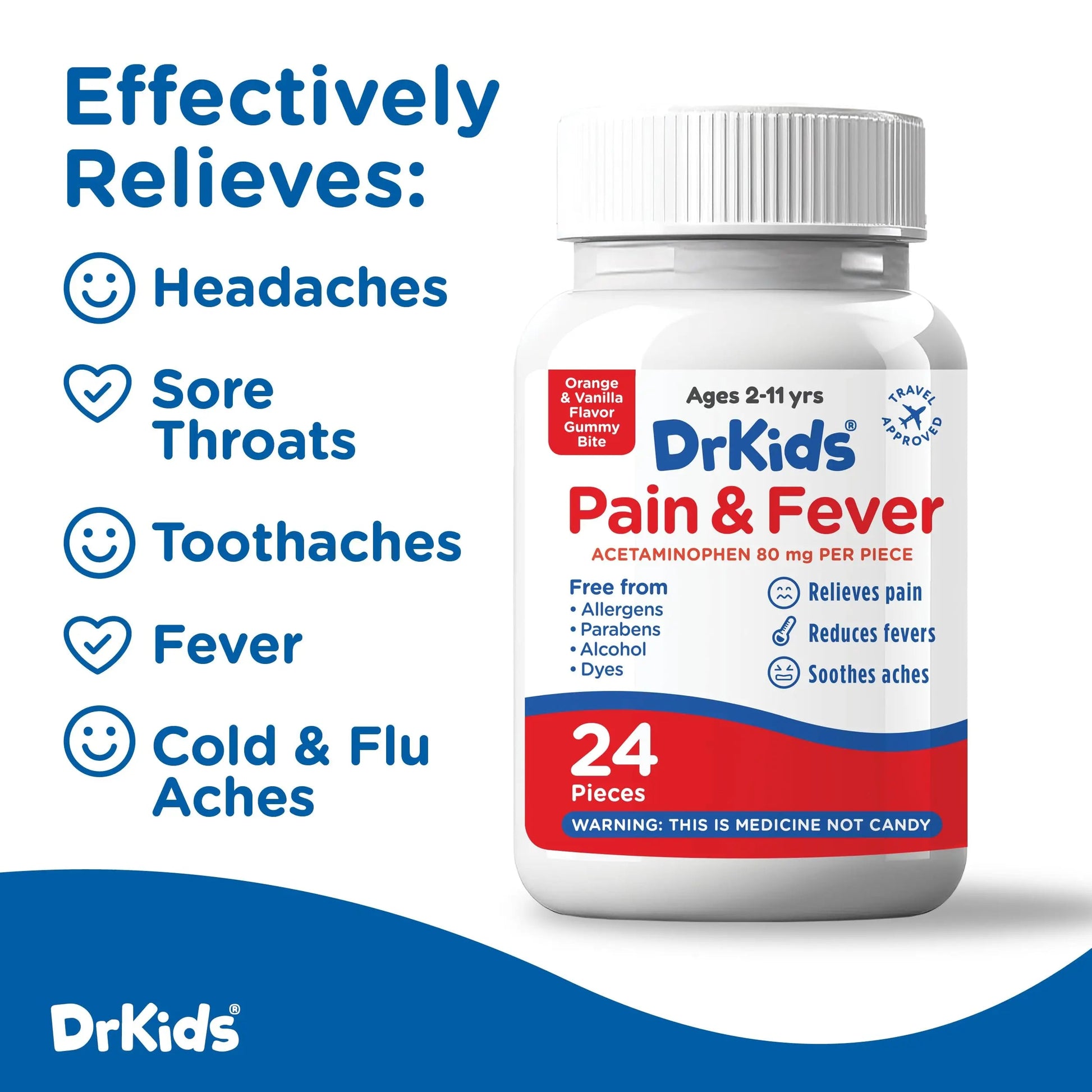 Dr. Kids Children’s Pain and Fever Gummy Bite - Chewable Acetaminophen for Kids Ages 2-11, Pre-Measured Soft Chews for Headache, Sore Throat, Cold and Flu, Orange Vanilla Flavor, 24 Count Dr. Kids Au supplements
