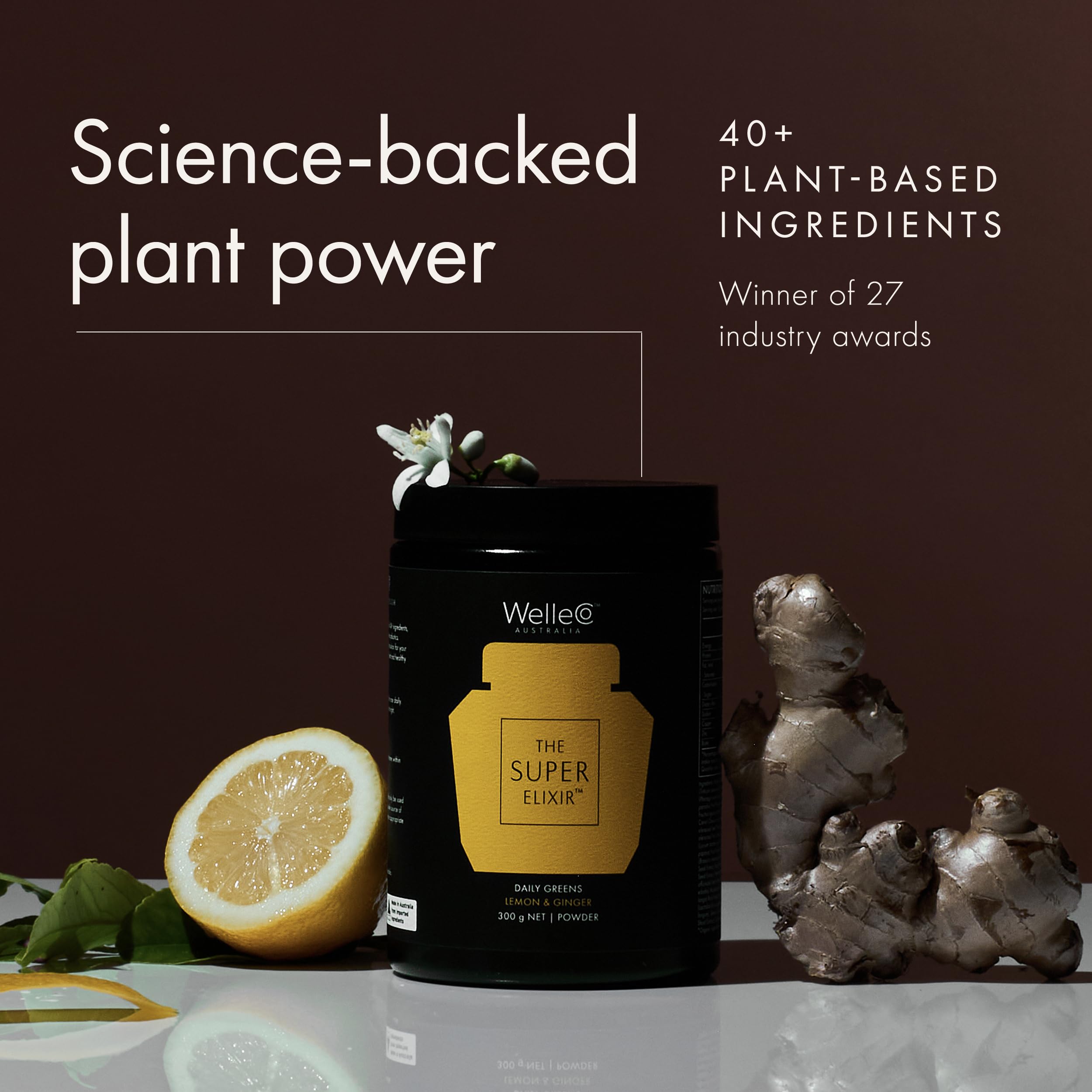 WelleCo The Super Elixir Daily Greens Powder, Probiotic Drink Mix with Whole Foods, Gluten Free, Vegan Gut Health Powder, Energy, Immunity, Healthy Skin, Hair & Nails (300g, Lemon Ginger) WelleCo Au supplements
