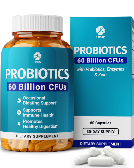 1 Body Probiotic 60 Billion for Men & Women, Gut Health Support with Prebiotics, Digestive Enzymes, Zinc & L-Glutamine, Non-GMO, 60 Vegan Capsules 1 BodyUS supplements