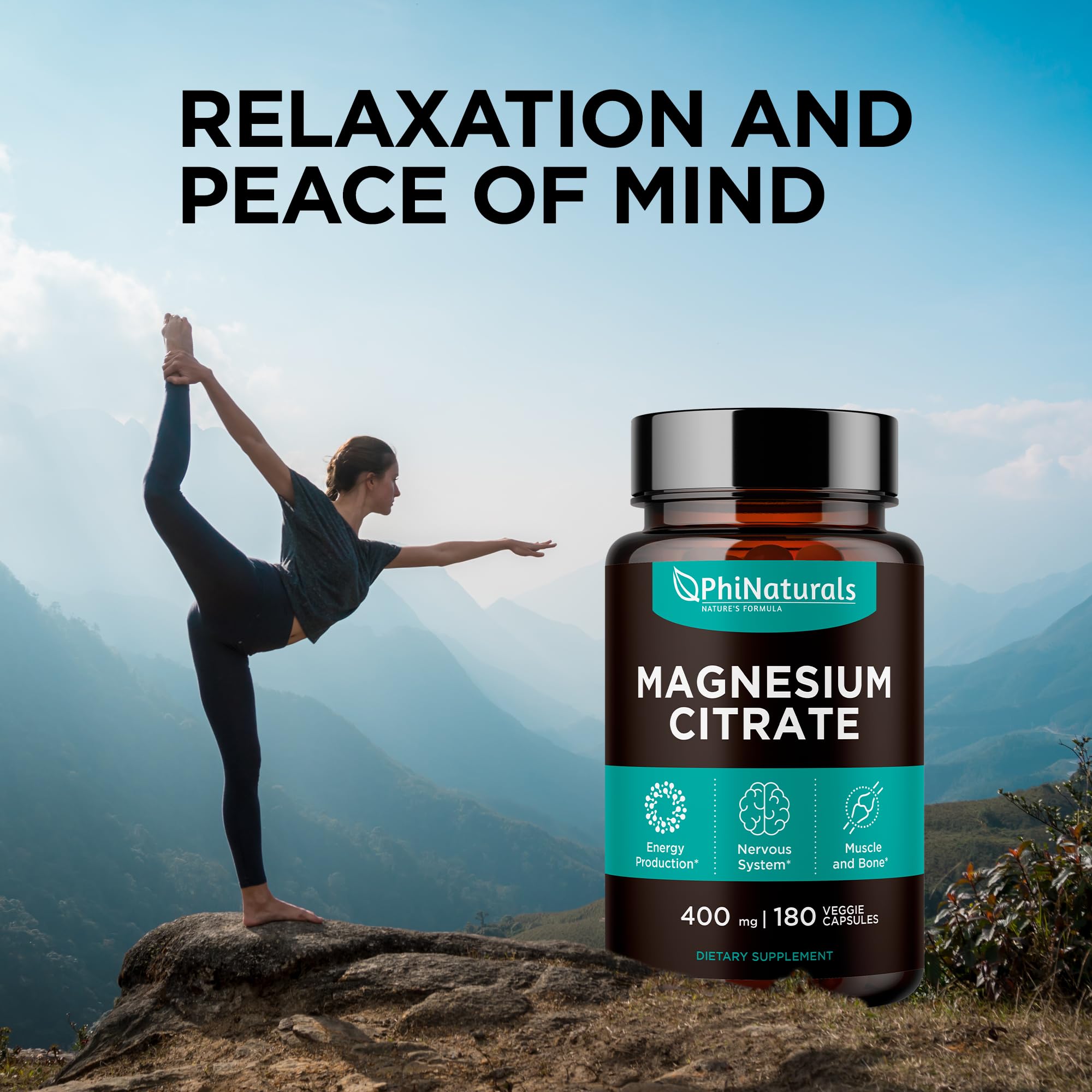 Magnesium Citrate Powder Capsules 400mg - 180 Count Veg Caps - PhiNaturals Supplements - Nervous System Support and Enzyme Function