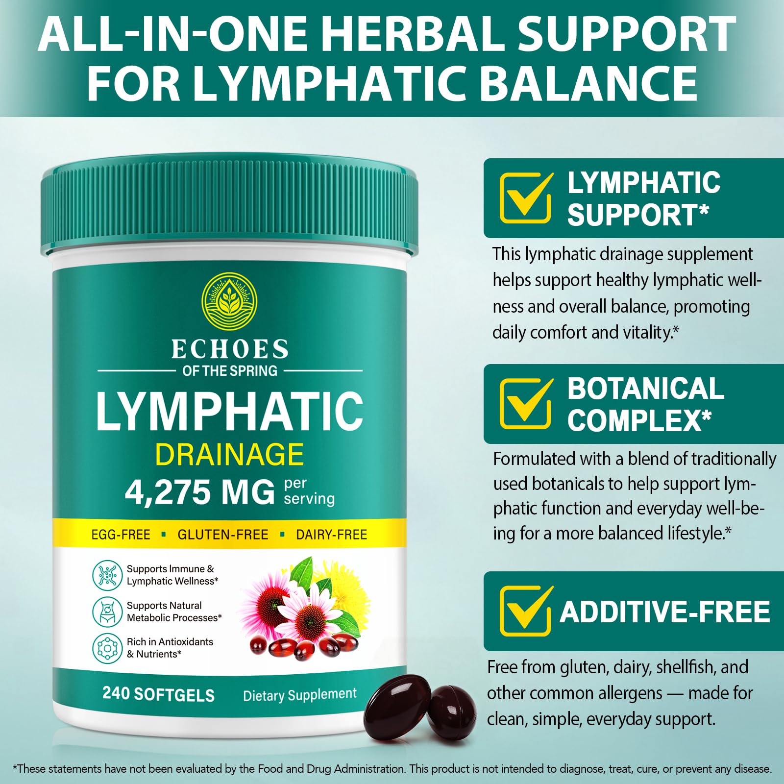 Lymphatic Drainage Supplements, 4275mg Lymph System Support Supplement for Women & Men, Daily Wellness Support, 21-in-1 Herbal Blend with Echinacea, Dandelion, Burdock, Turmeric & More, 240 Softgels Echoes of the spring Au supplements