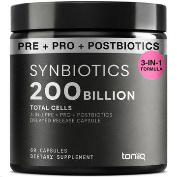 Toniiq Prebiotics and Probiotics – 200B CFU Synbiotic with Postbiotics IMMUSE® & ButyraGen® – 30 Strains for Gut & Digestive Health – Shelf-Stable