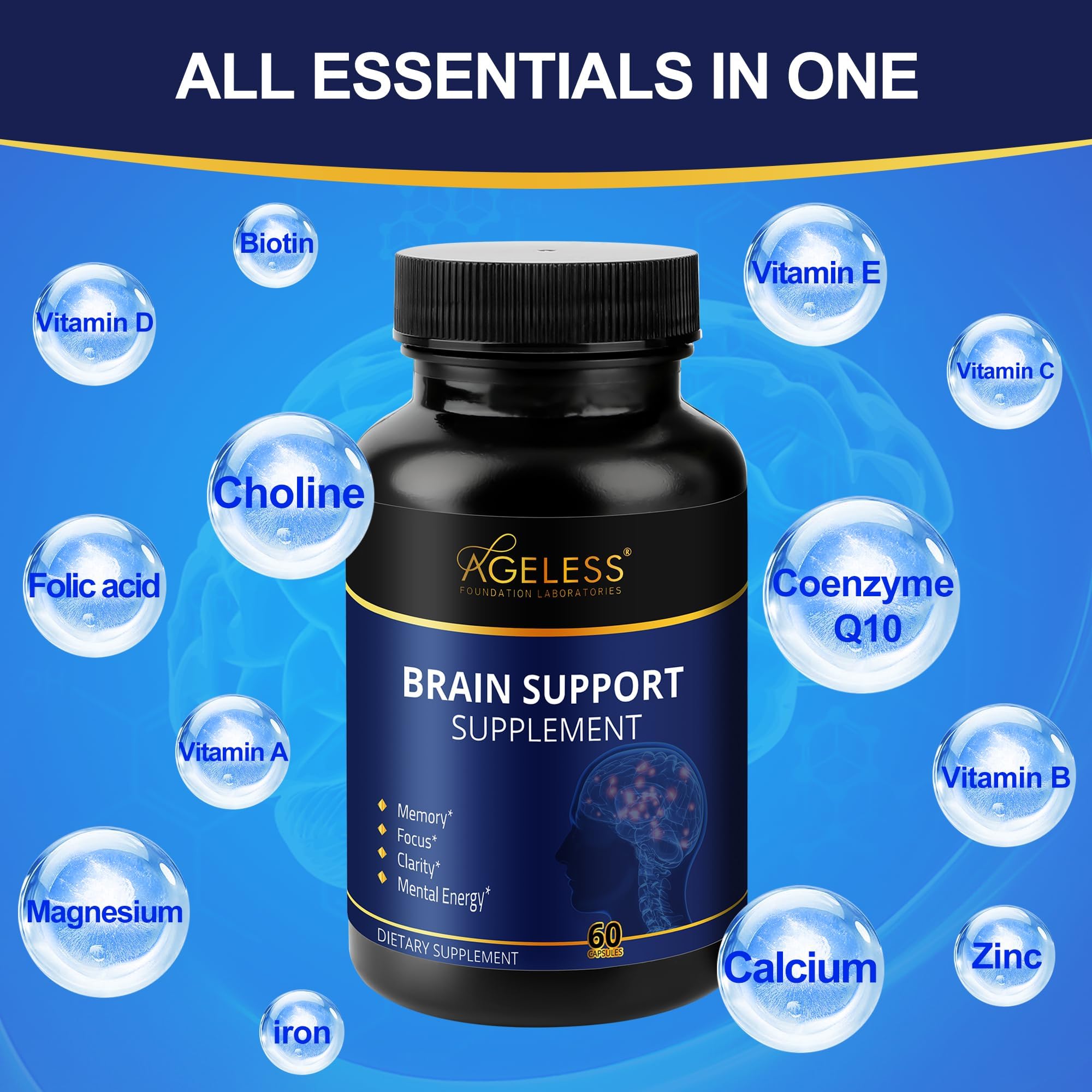 Ageless Brain Supplements for Memory and Focus 1000 MG | Cognitive Improvement | Formulated with Clinically Studied Ingredients | Support Mental Clarity & Neuro Health | Vitamin B6, B12, 60 Capsules Ageless Foundation Laboratories Au supplements