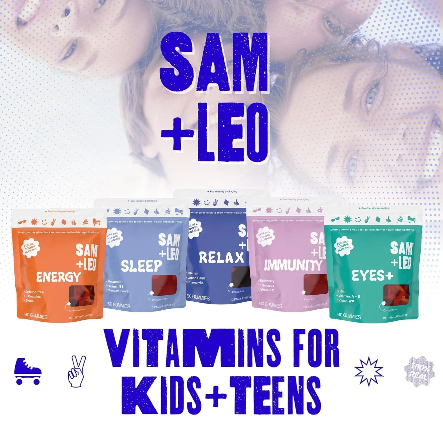 SAM+LEO Vitamin B Complex Gummies with Biotin for Kids & Teens - Caffeine-Free Focus & Energy Support Supplement Gummies | SAM+LEOUS supplements
