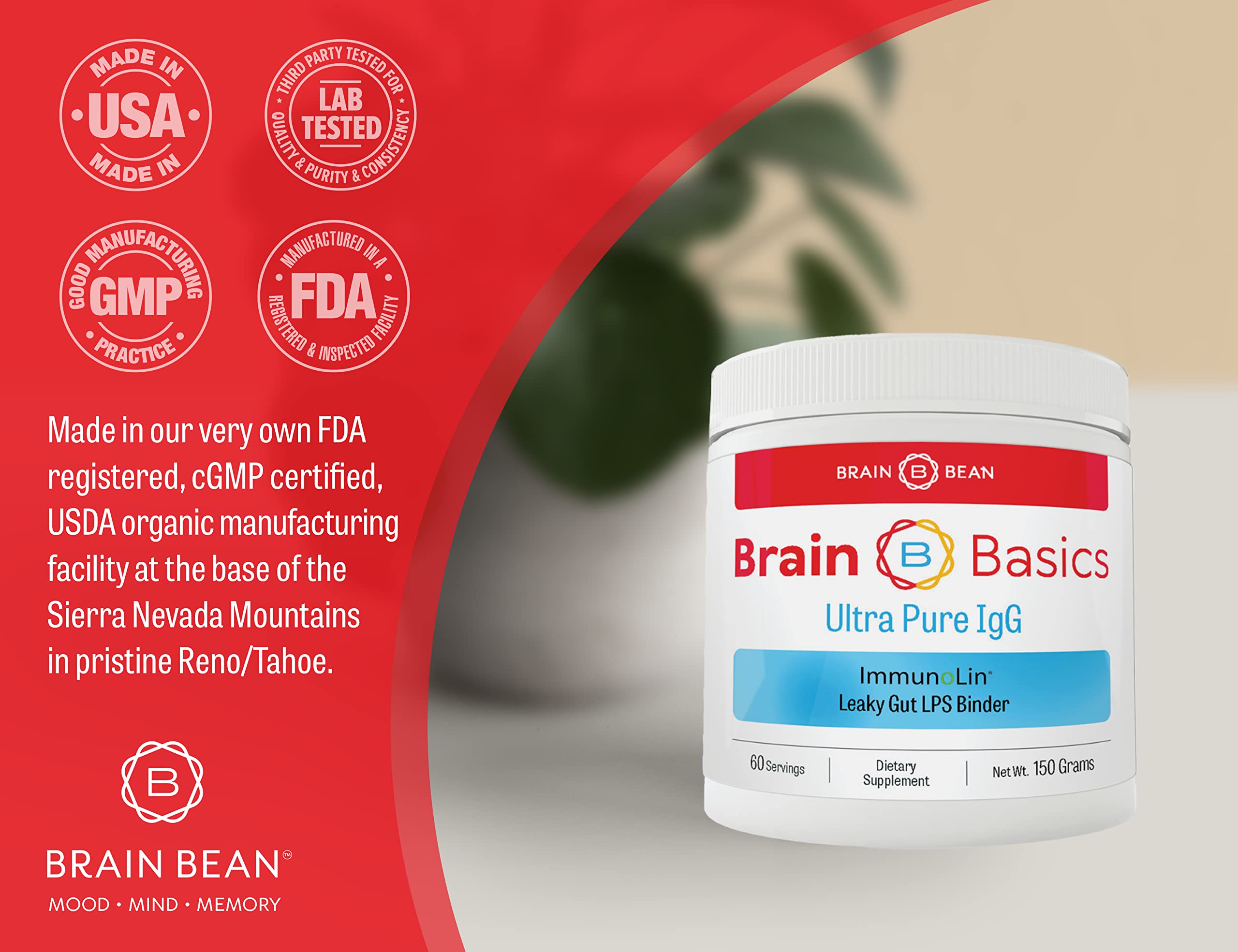 Brain Basics Ultra Pure IgG Supplement - Dairy-Free Supplement IgG-Immunolin Powder, Blended Vitamin & Mineral Supplements, 150g, 60 Servings Brain Bean Au supplements
