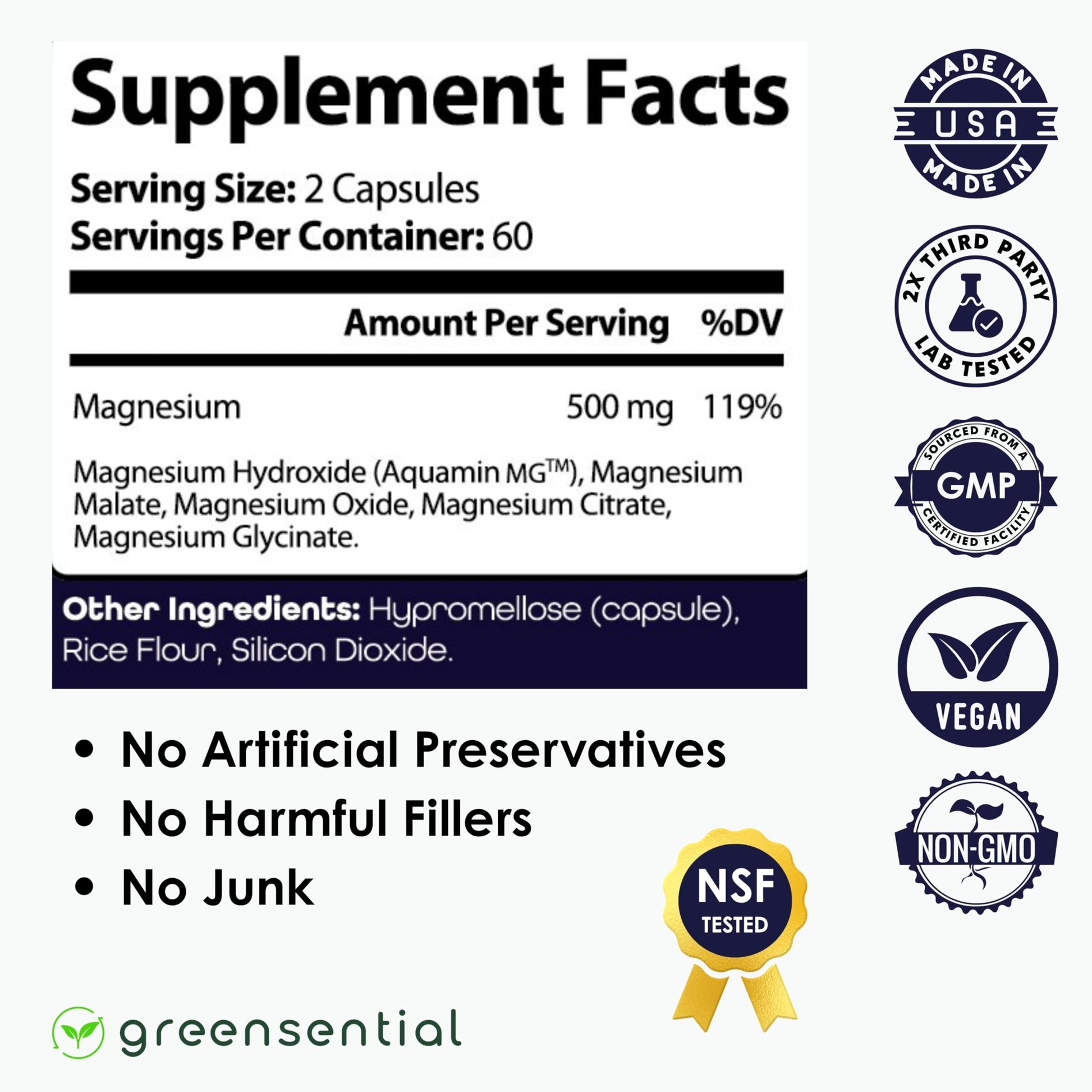 Greensential 5-in-1 Magnesium Complex 500mg | Glycinate, Malate, Citrate, Oxide & Aquamin® | for Sleep, Muscle & Heart Support | High Absorption, Vegan, 120 Capsules Greensential Au supplements
