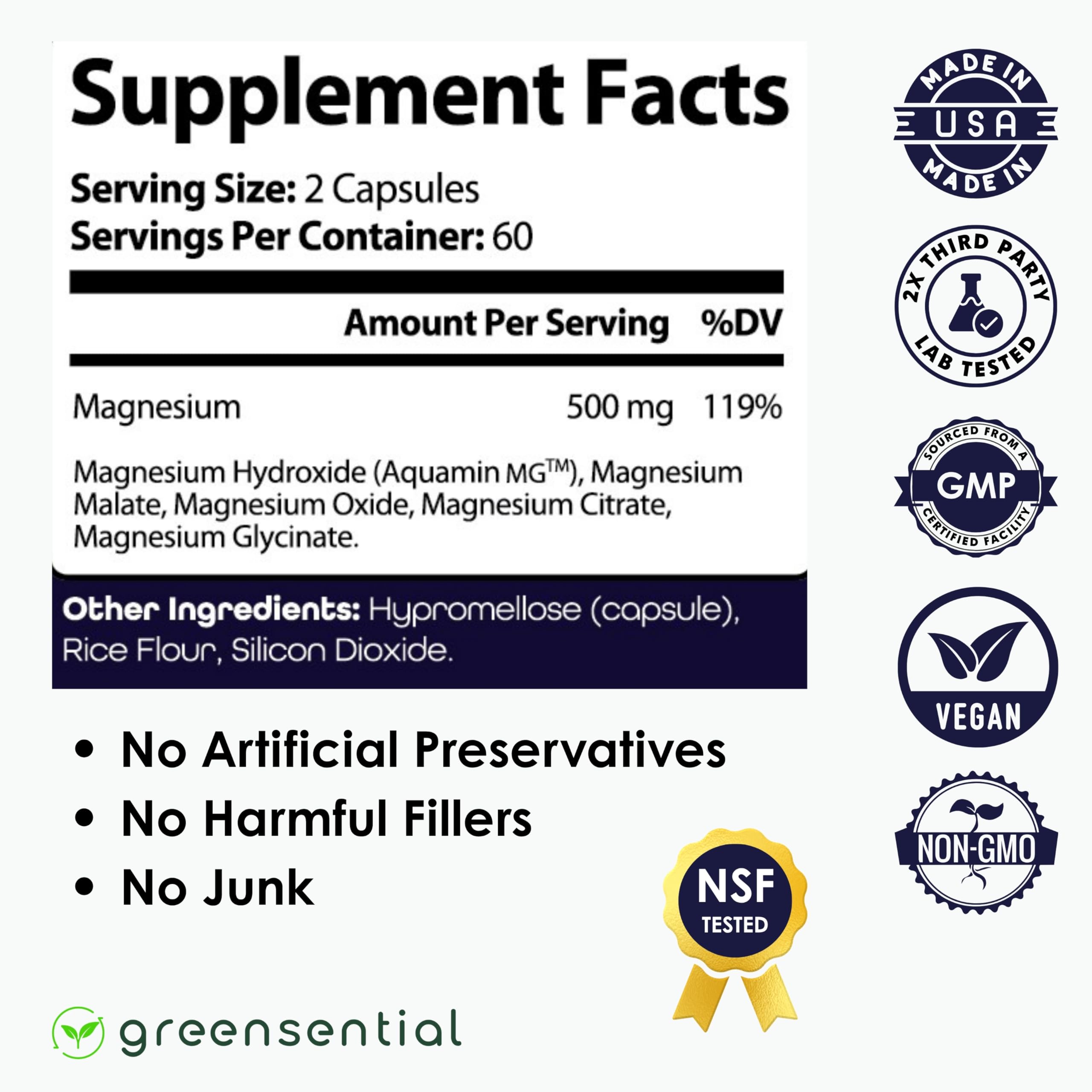 Greensential 5-in-1 Magnesium Complex 500mg | Glycinate, Malate, Citrate, Oxide & Aquamin® | for Sleep, Muscle & Heart Support | High Absorption, Vegan, 120 Capsules Greensential Au supplements