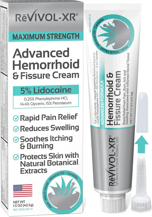 REVIVOL-XR Advanced Hemorrhoid Treatment. 5% Lidocaine + Shrinks + Protects Skin + Aloe + Witch Hazel + Botanicals, External & Internal Use. Most Complete OTC Ointment + Fissure Cream. Made in USA. REVIVOL-XRAu supplements