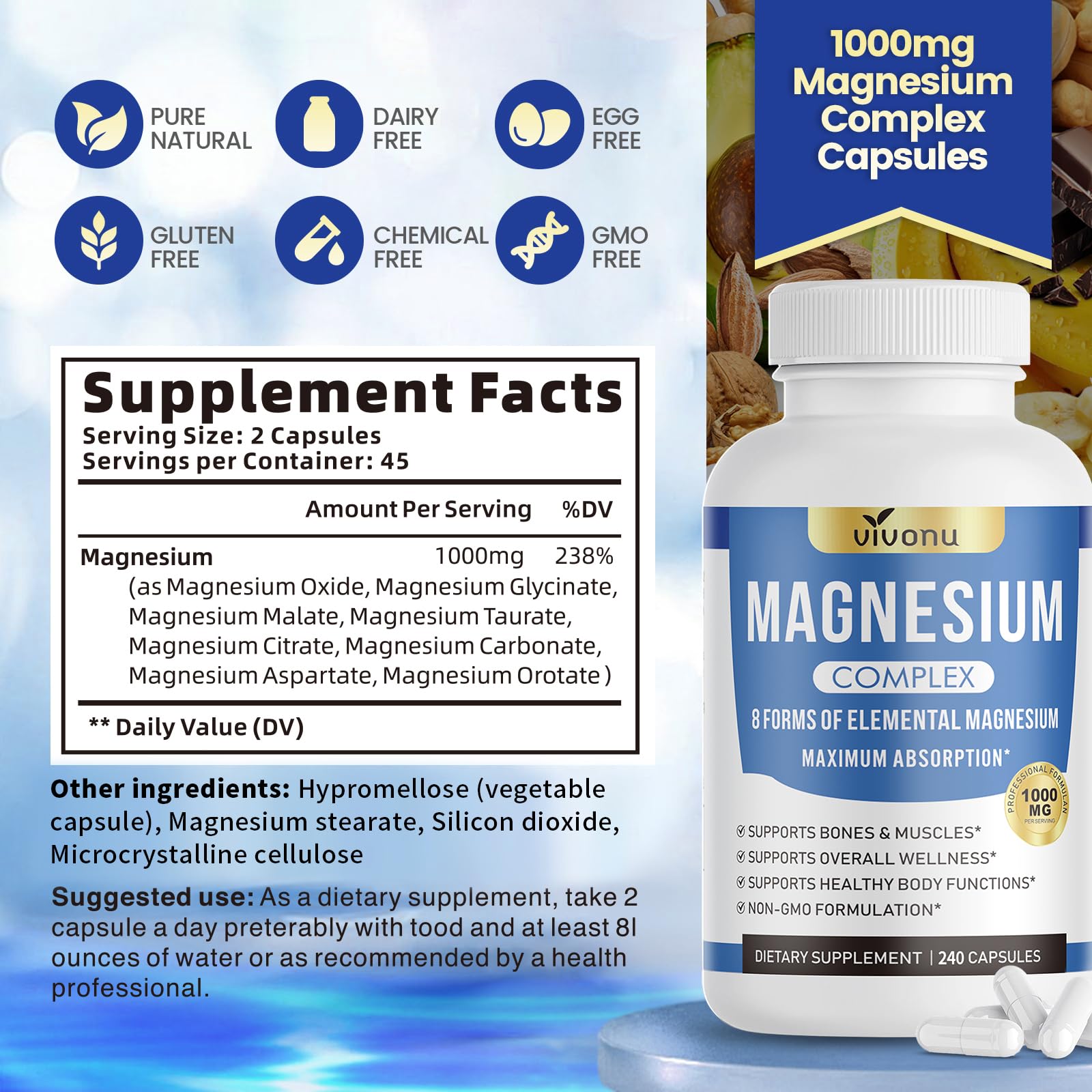 1000mg Magnesium Complex for Women & Men*, 8 Elemental with Magnesium Glycinate, Citrate, Malate, Taurate, Oxide, Carbonate, Aspartate, Orotate for Bones, Muscle, Recovery, Energy, Vegan, 90 Capsules VivoNu Au supplements