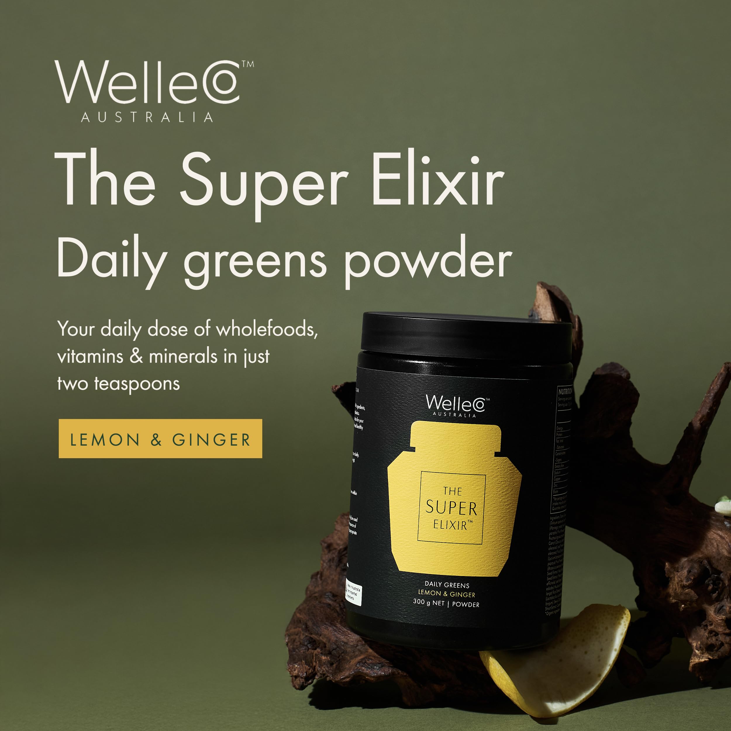 WelleCo The Super Elixir Daily Greens Powder, Probiotic Drink Mix with Whole Foods, Gluten Free, Vegan Gut Health Powder, Energy, Immunity, Healthy Skin, Hair & Nails (300g, Lemon Ginger) WelleCo Au supplements