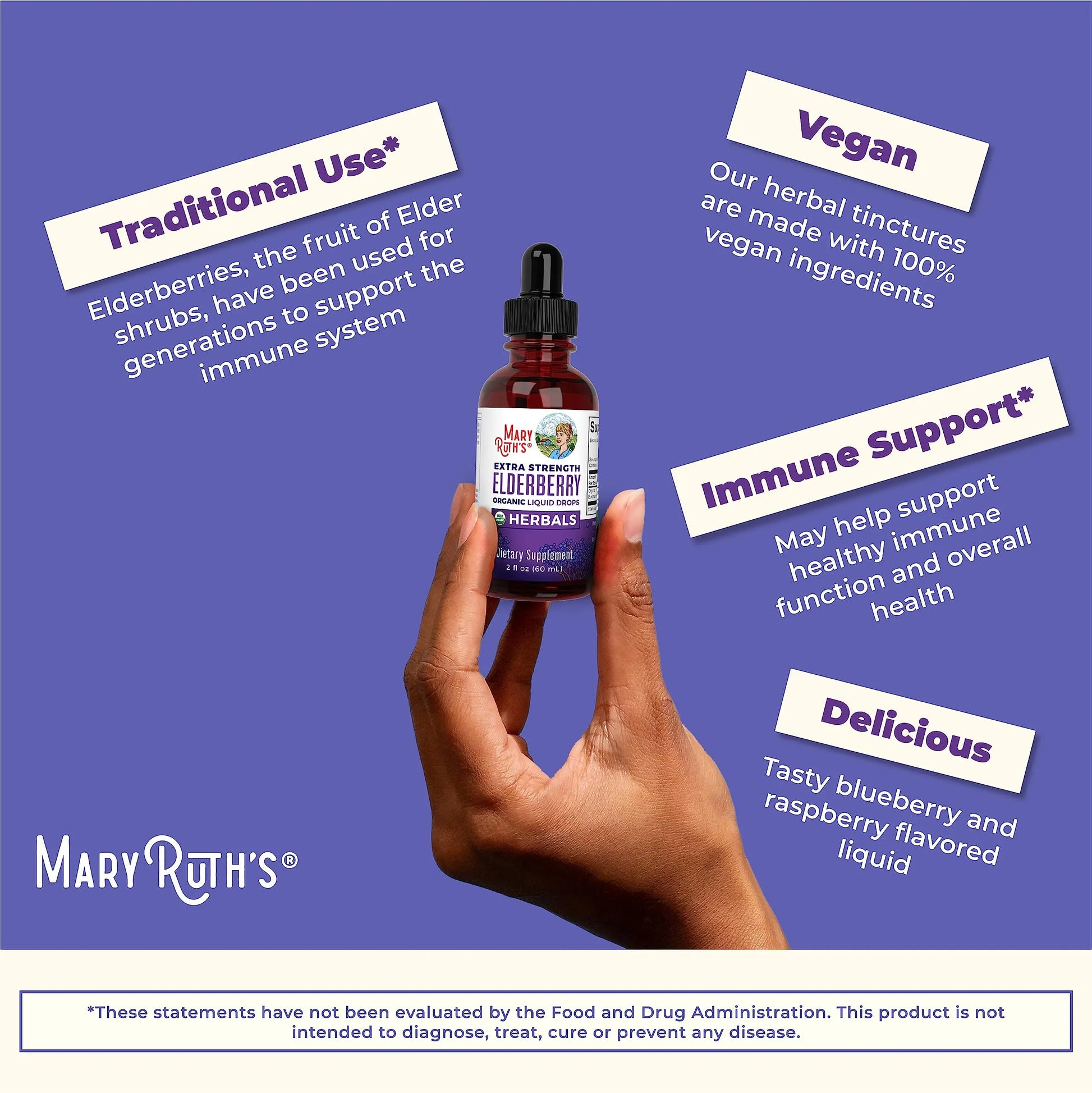 MaryRuth Organics Elderberry Syrup Extra Strength, USDA Organic Elderberry, Sugar Free Adults & Kids Immune Support Supplement for Ages 1+, Clean Label Project Verified®, Vegan, Gluten Free, 2 Fl Oz MARYRUTH'S Au supplements