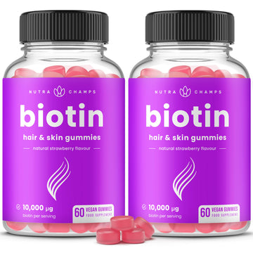 NutraChamps (2 Pack) Biotin Gummies 10,000mcg [High Potency] for Healthy Hair, Skin & Nails for Adults & Kids - 5000mcg in Each Gummy Vitamin - Vegan, Non-GMO