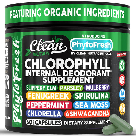Clean Nutra Chlorophyll Capsules Supplement Internal Deodorant Peppermint, Sea Moss, Parsley, Chlorella, Spirulina, Slippery Elm, Ashwagandha, PhytoFresh Greens Detox Pills Clean NutraceuticalsAU supplements