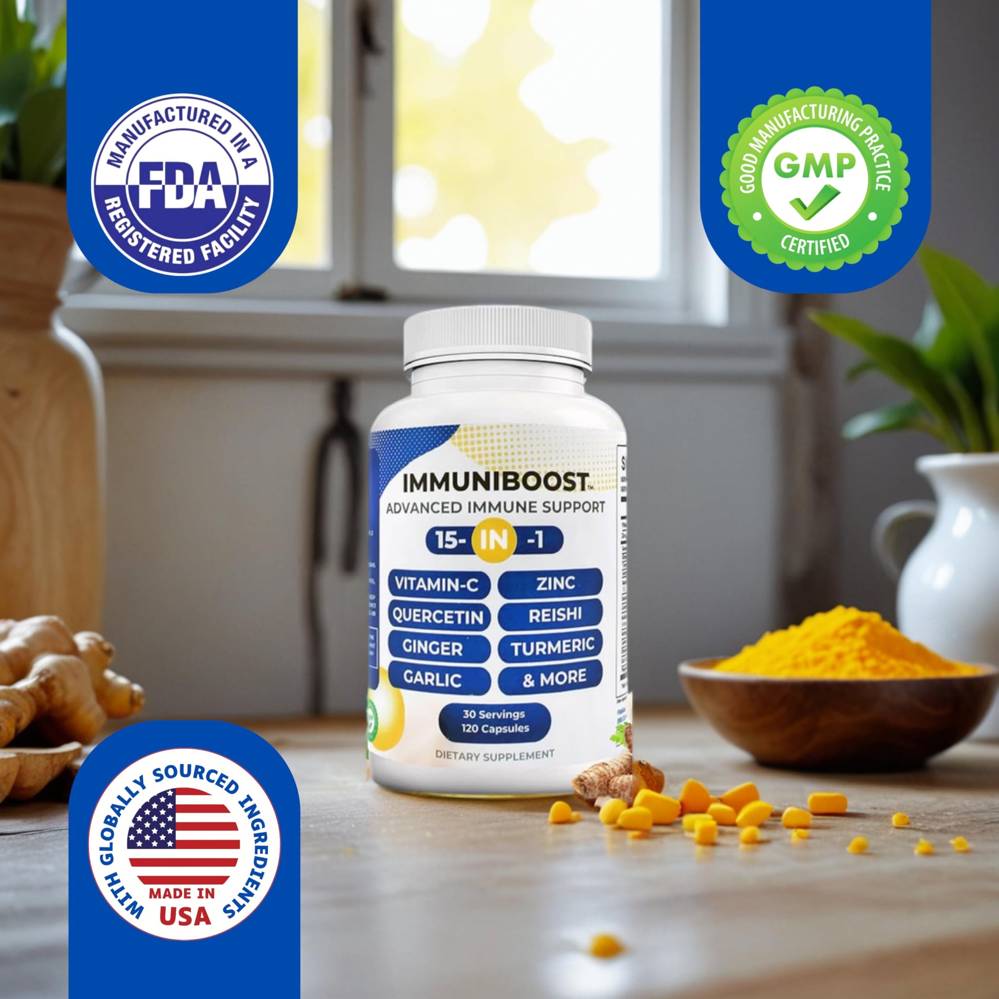 15 in 1 Immune Support Supplement 120 Capsules with Powerful Blend of Turmeric, Ginger, Vitamin C and Zinc Immune Booster for Adults ImmuniBoost Au supplements