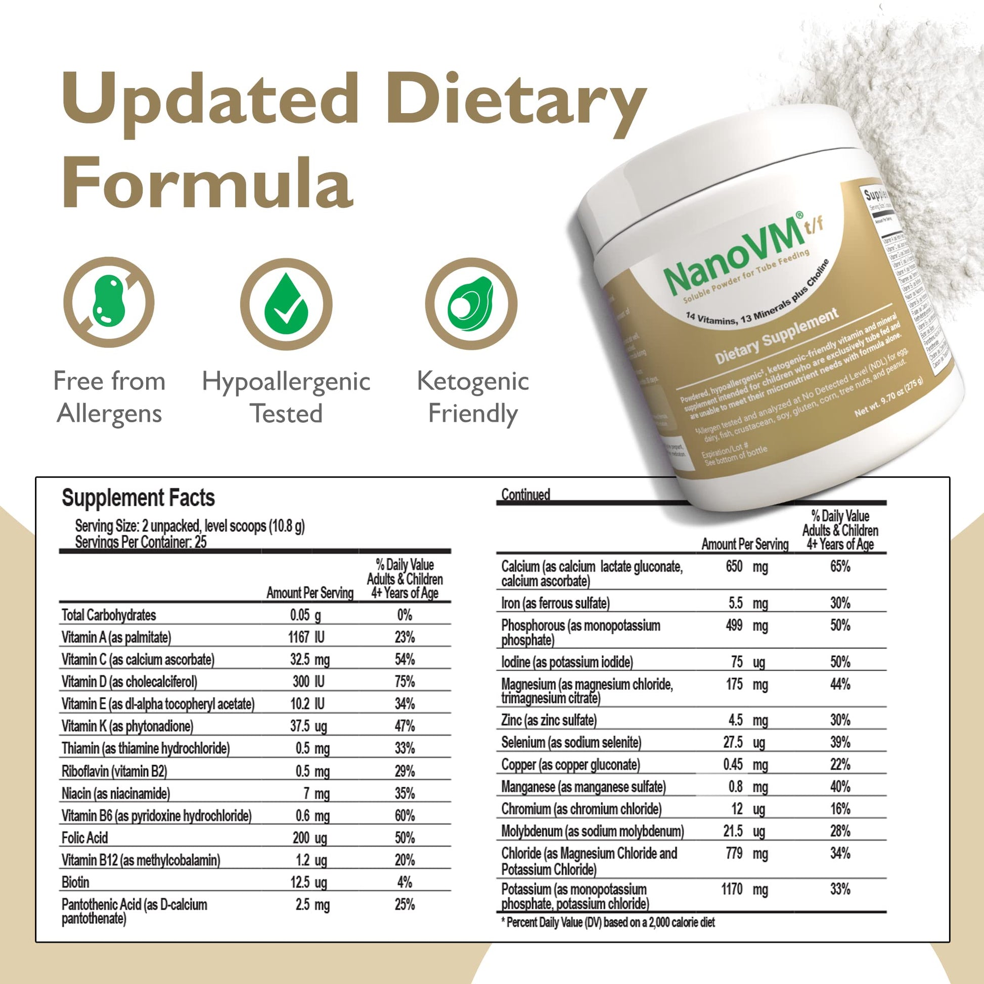 NanoVM t/f, Dietary Supplement for Tube Feeding, Allergen-Free Kids Multivitamin, Unflavored Vitamin Powder with 14 Vitamins & 13 Minerals, Low-Carb Kids Vitamins, 275g - Solace Nutrition NanoVM Au supplements
