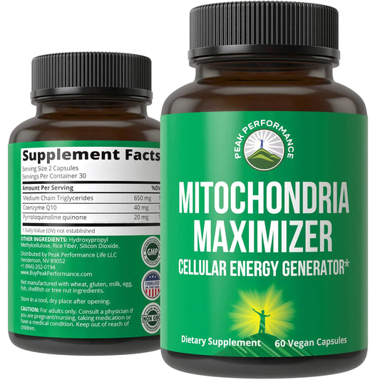 Peak Performance Mitochondria Maximizer with CoQ10 and Active PQQ. Best Mitochondrial Support Supplement with MCT Oil. Natural Cellular Generator for Clean, Energy Support. 60 Vegetarian Capsules Peak PerformanceAU supplements