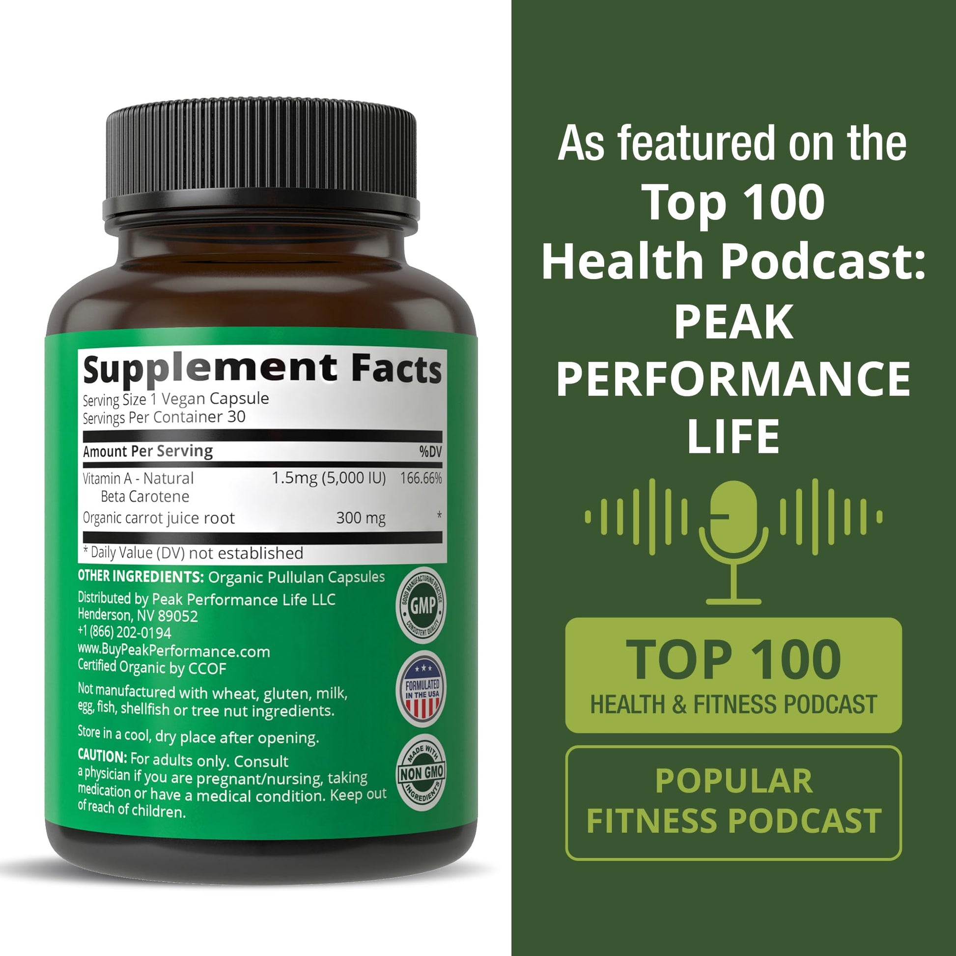 Certified Organic Vitamin A 5000 IU Supplement Capsules High Potency Vitamins. for Adults, Men, Women, Kids. Made with Carrot Juice. Great for Immune, Skin, Eye Support. Non GMO, Vegan Pills Peak Performance Au supplements
