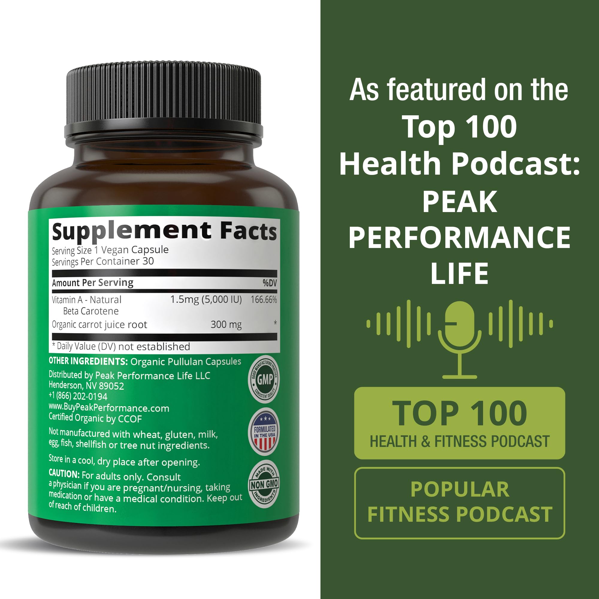 Certified Organic Vitamin A 5000 IU Supplement Capsules High Potency Vitamins. for Adults, Men, Women, Kids. Made with Carrot Juice. Great for Immune, Skin, Eye Support. Non GMO, Vegan Pills Peak Performance Au supplements