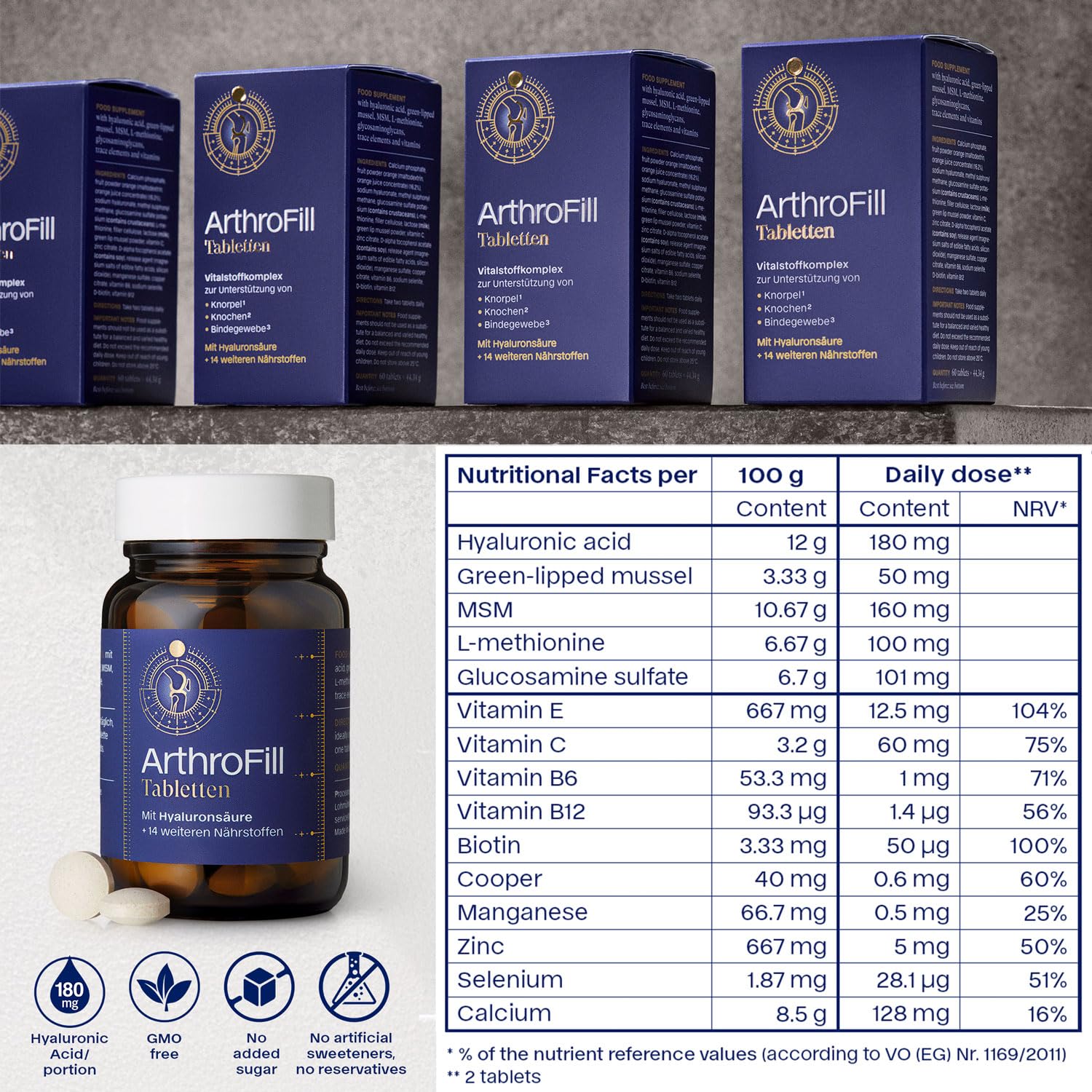 ArthroFill™ Tablets - Proven European Joint Relief - Vegan Hyaluronic Acid - Nutrient Complex - Support Active Movement Functions with 15 Vital Micronutrients - Made in Germany ArthroFill Au supplements