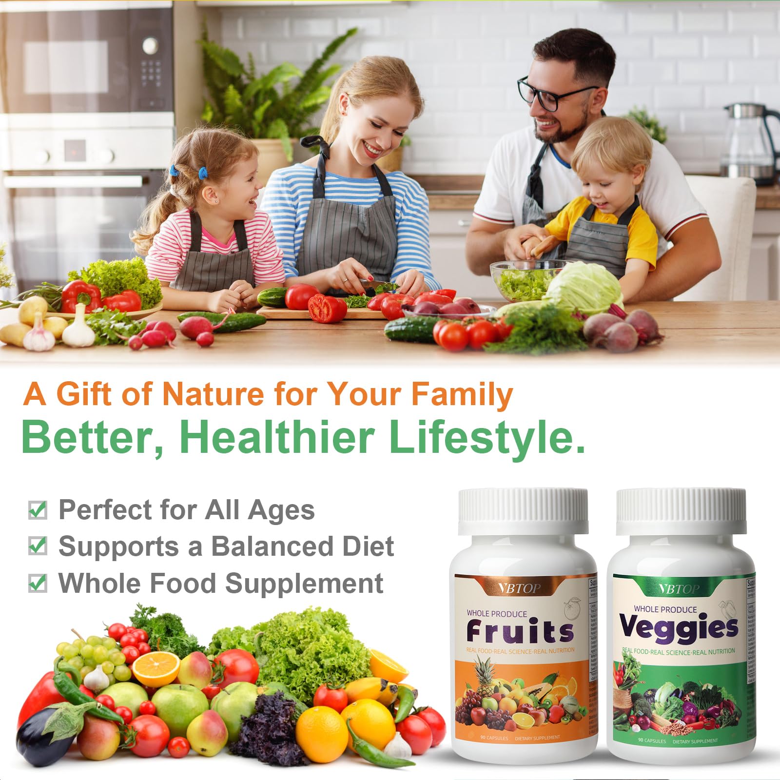 VBTOP Fruit & Vegetable Supplement - Natural Ingredients - 2 Bottles - 180 Capsules Total | A Blend of 20+19 Natural Whole Fruits & Vegetables, a Fresh superfood Formula Rich in Vitamins and Minerals VBTOP Au supplements